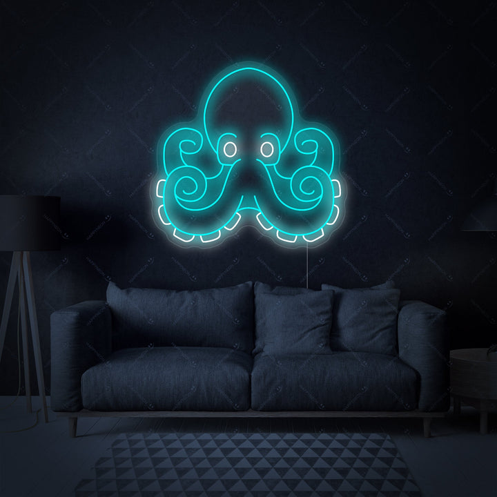 A beautifully designed Octopus neon sign, rendered in rich purple and deep blue neon tubing, mounted on a sleek black background. The clean lines clearly outline the octopus’s body and its flowing, detailed tentacles. This minimalist yet striking image highlights the quality craftsmanship and vibrant luminescence of the sign, set against a simple backdrop.