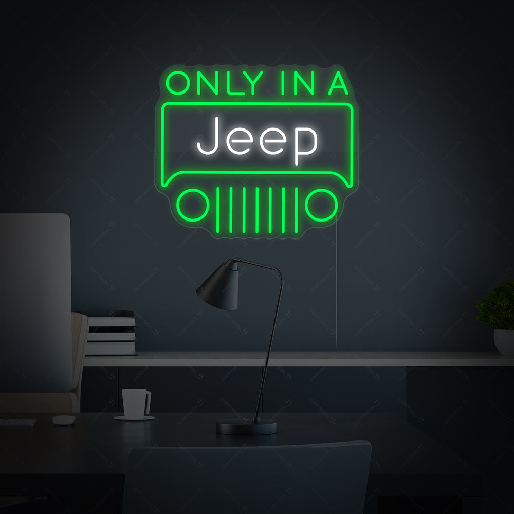 A glowing 'Only in a Jeep' neon sign mounted on a textured brick wall with a garage ambiance.