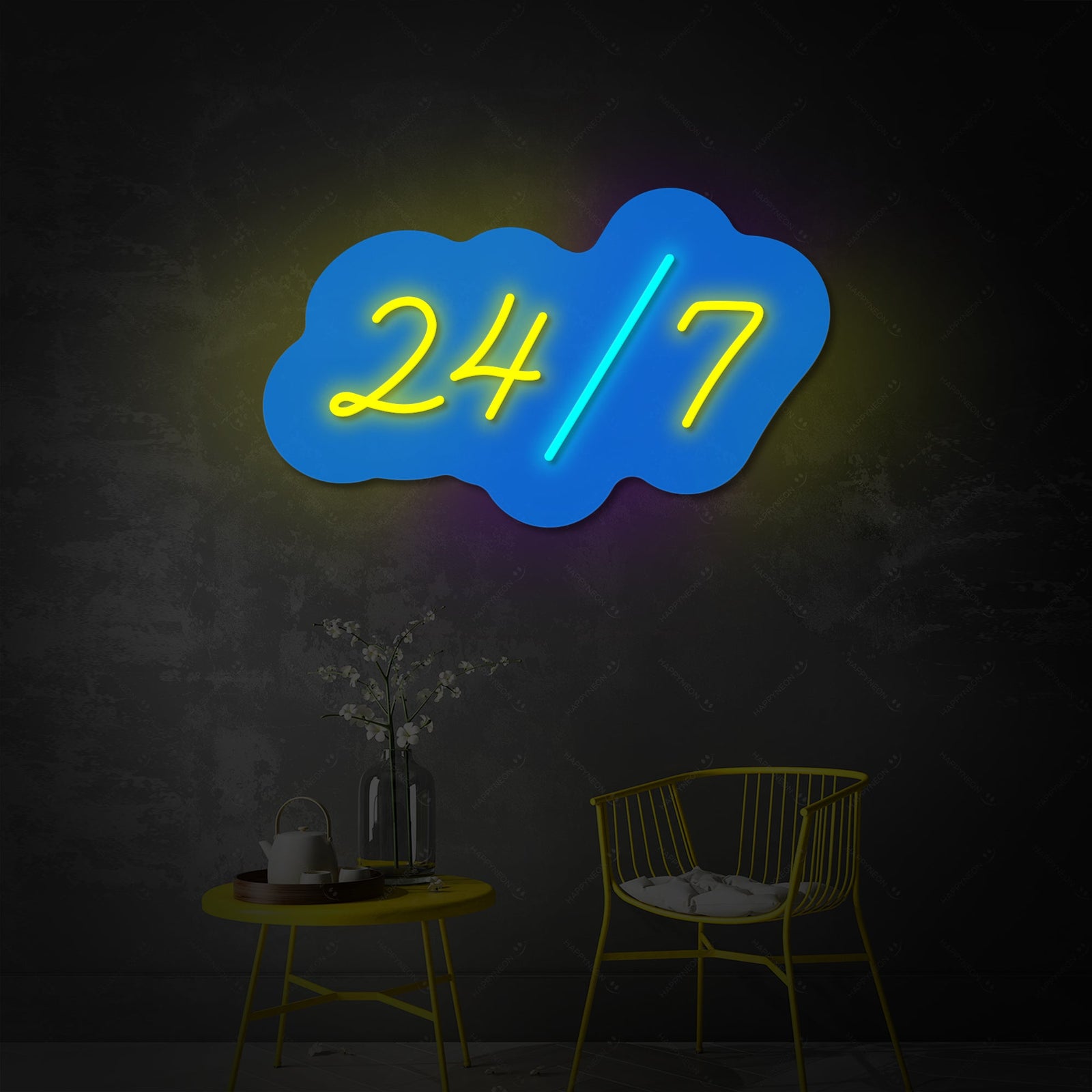 'Open 24/7' neon sign featuring bright red lettering and blue accents on a clear backing, perfect for 24-hour businesses.