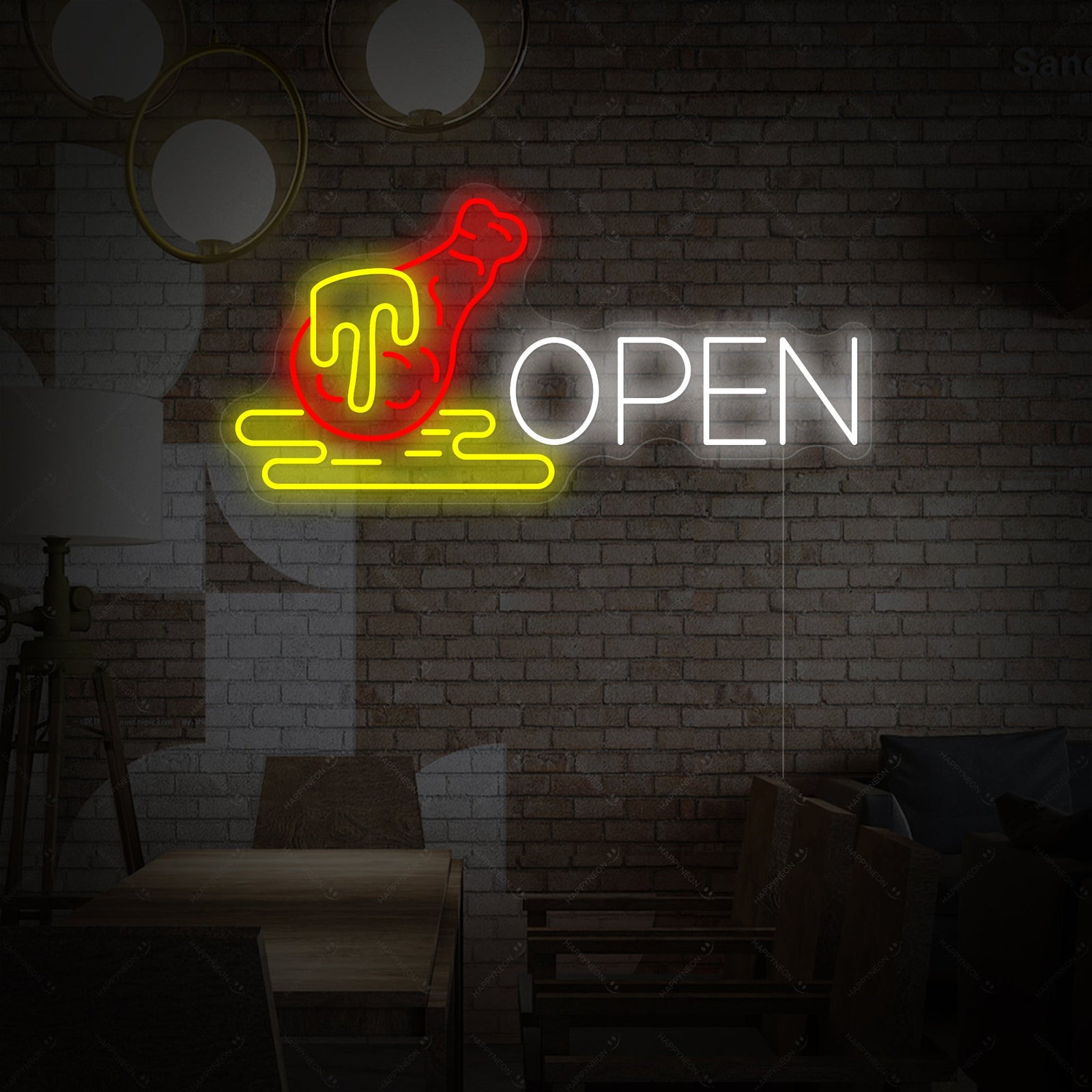 The design mockup of the 'Open Chicken' neon sign, showing the yellow stylized text above the green outline of a chicken against a simple backdrop.