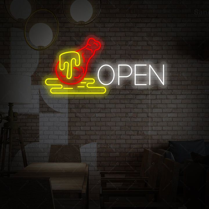 The design mockup of the 'Open Chicken' neon sign, showing the yellow stylized text above the green outline of a chicken against a simple backdrop.