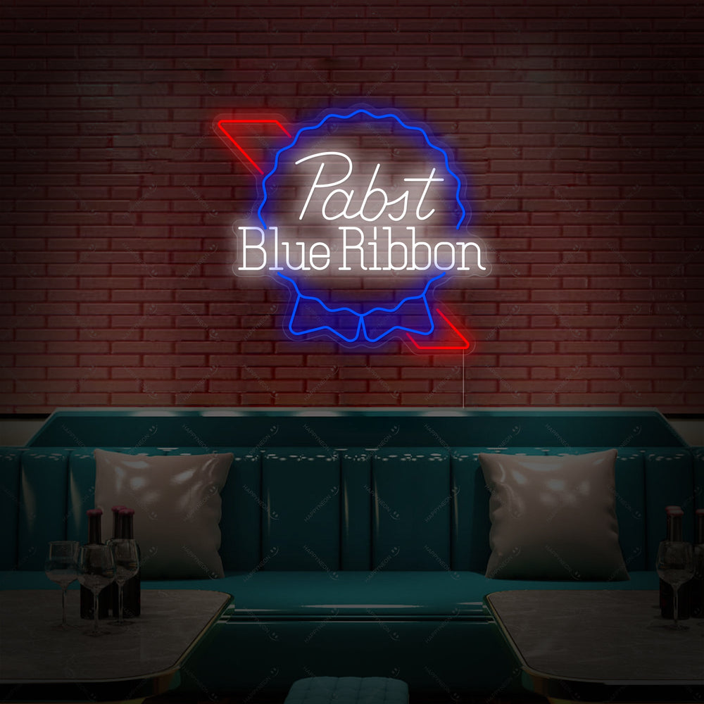 Close-up of the Pabst Blue Ribbon Blackbo Beer neon sign design.