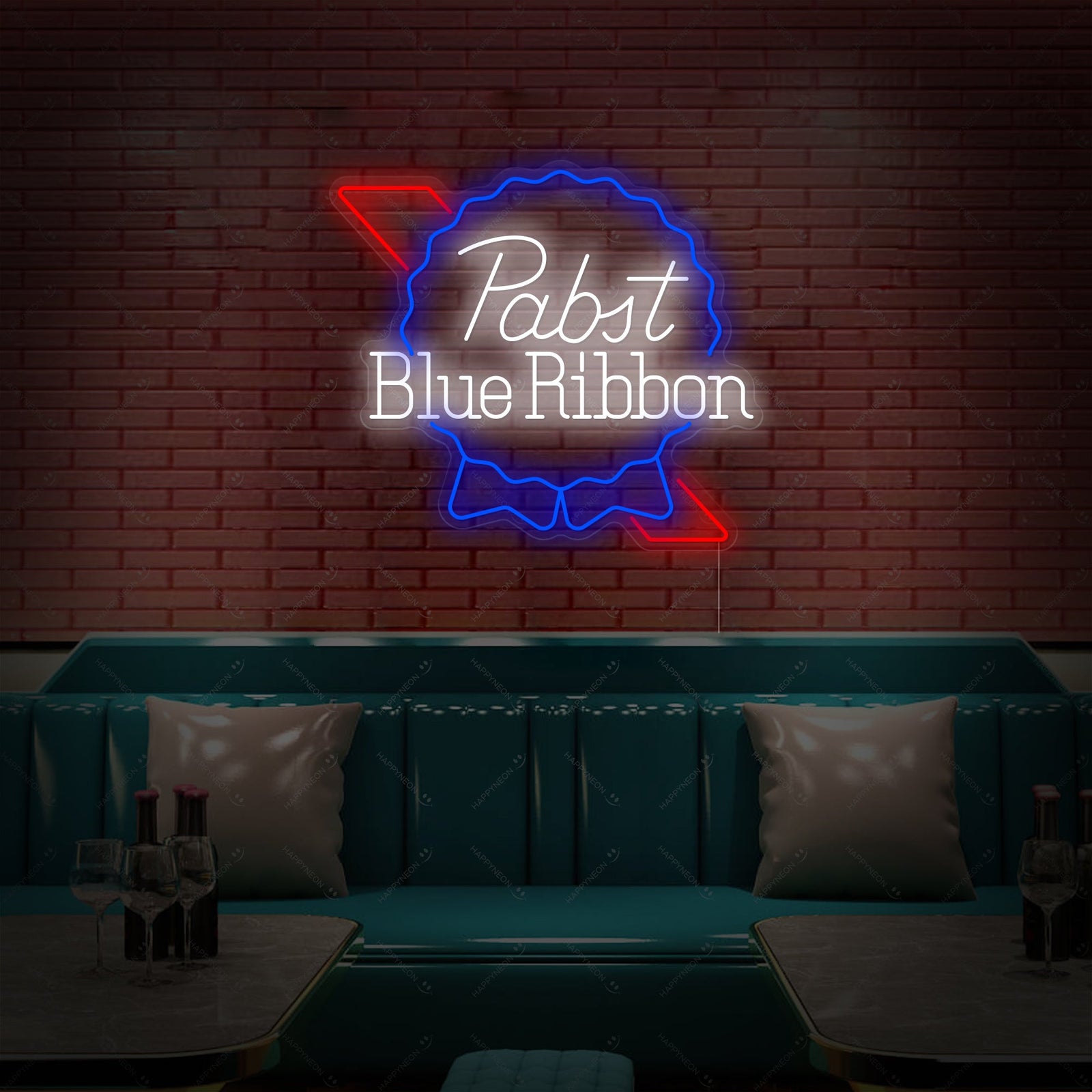 Close-up of the Pabst Blue Ribbon Blackbo Beer neon sign design.