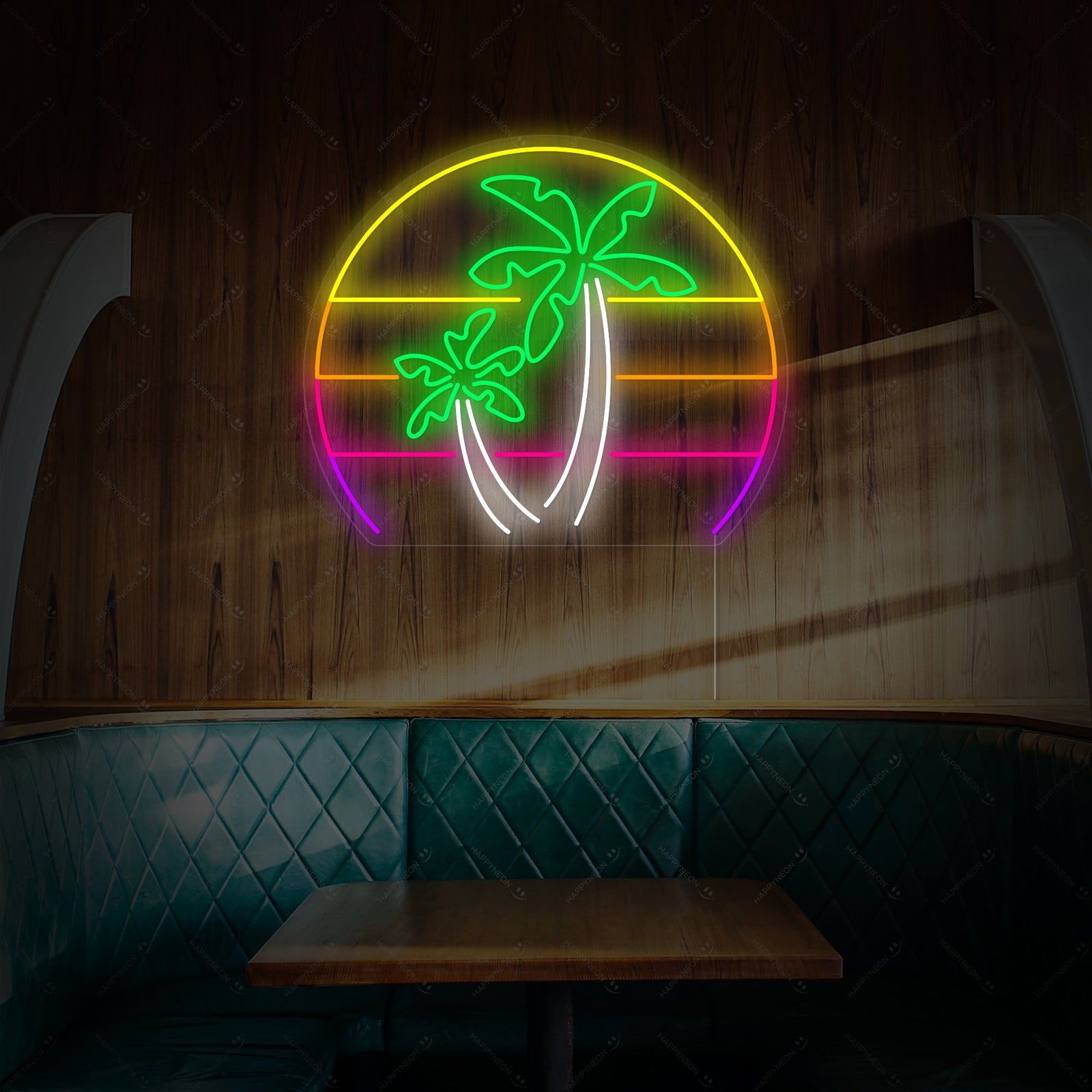 Close-up of the Palm Tree Vaporwave neon sign on a concrete wall