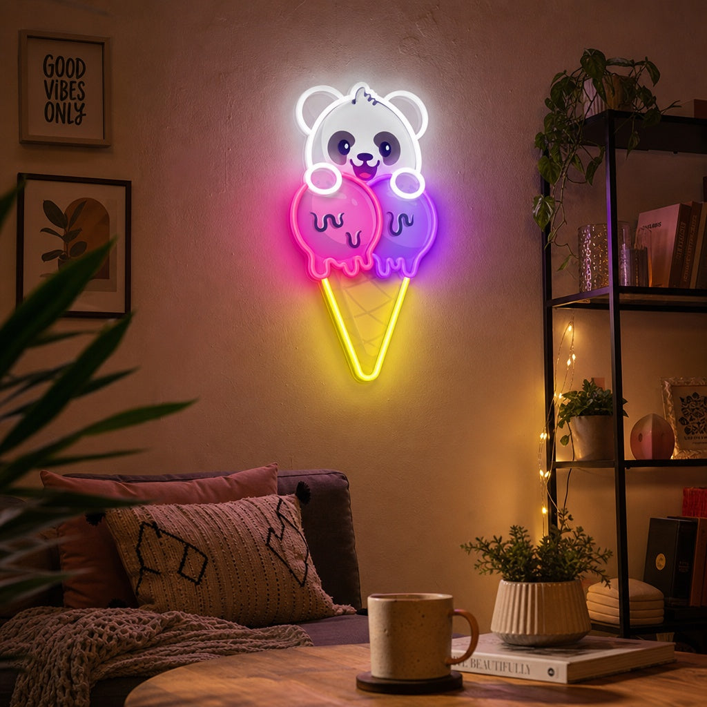 Panda with Ice Cream neon sign on a dark textured background.