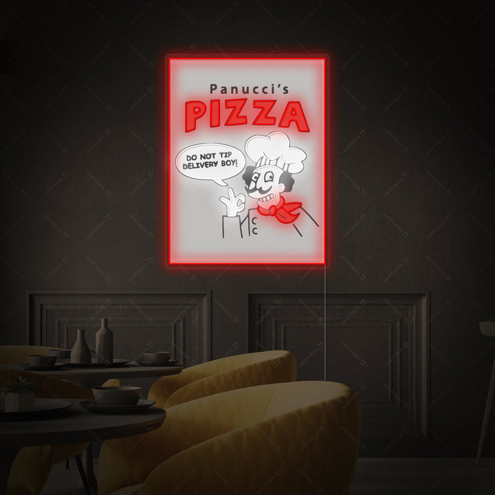 The Panucci's Pizza neon sign, showing the classic logo with glowing outlines.