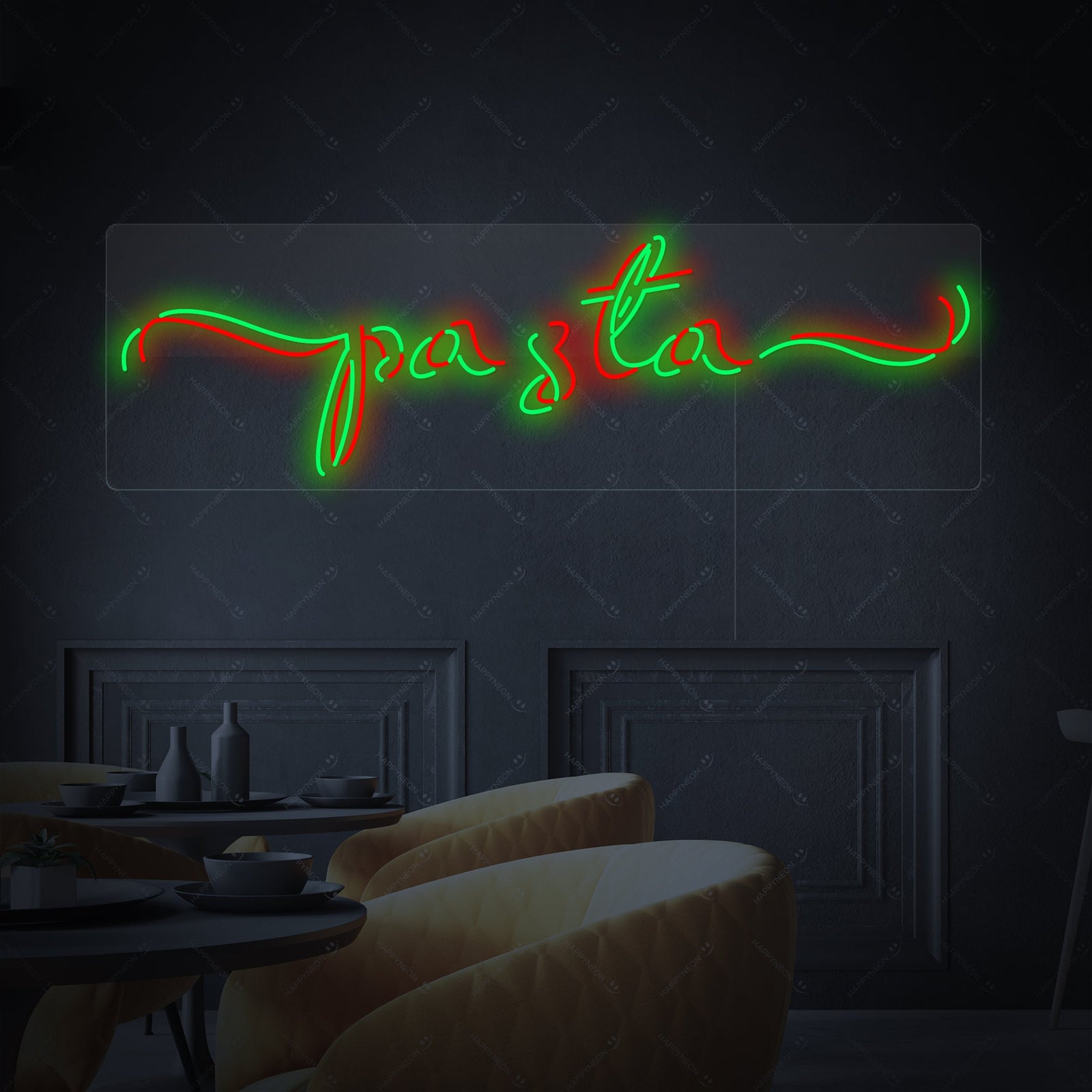 A vibrant 'Pasta' neon sign glowing in white script, mounted on a brick wall above a cozy kitchen counter with ingredients