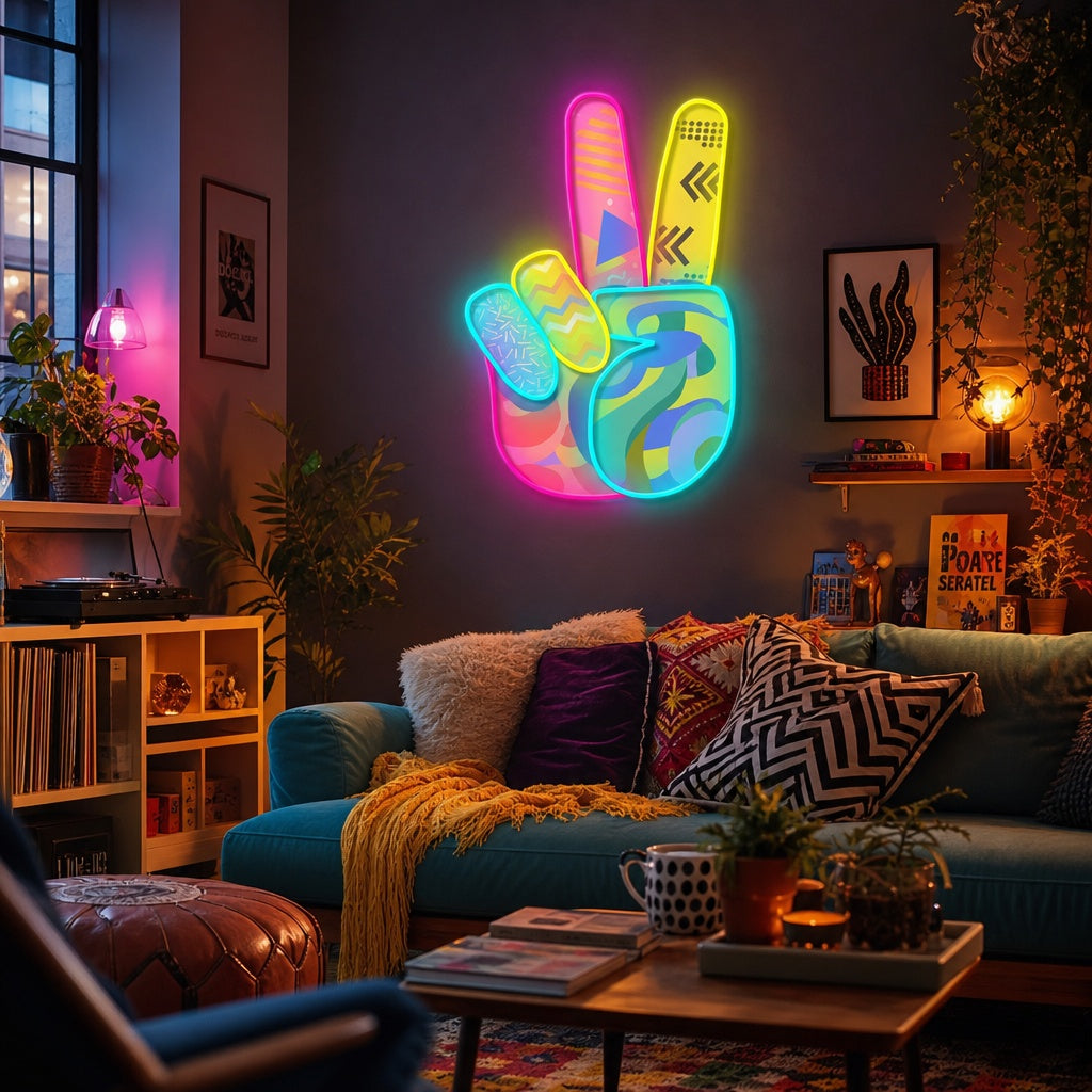Peace neon sign glowing with patterned fill on a dark wall above a yellow chair