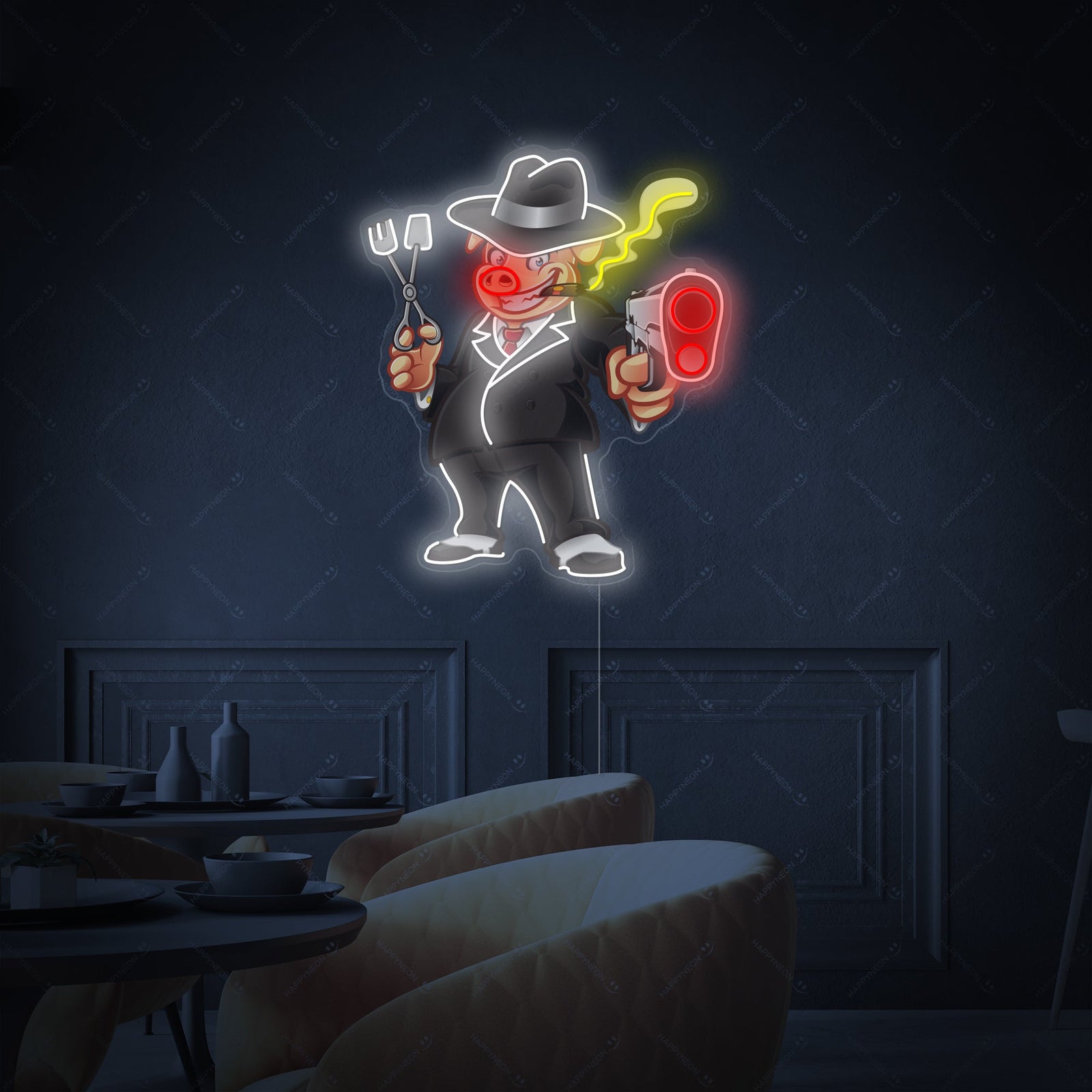 A lifestyle photo of the Pig Barbeque Grills neon sign lit up, hanging on a rustic wooden plank wall above a wooden table with grilling tools, near a brick outdoor barbecue pit.