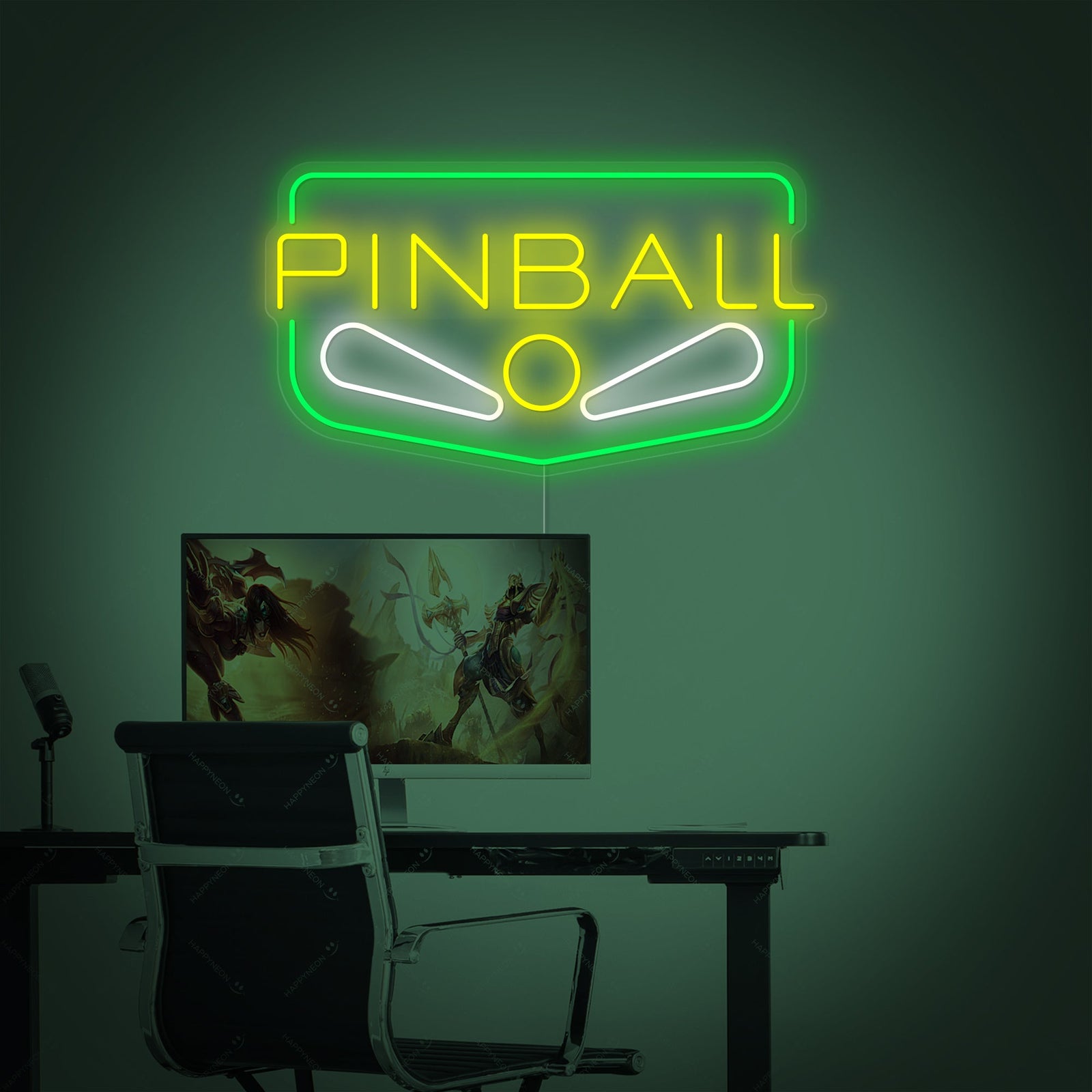 Detailed product shot of the 'Play Pinball' neon sign with clear tubing visible, mounted on a transparent backing.