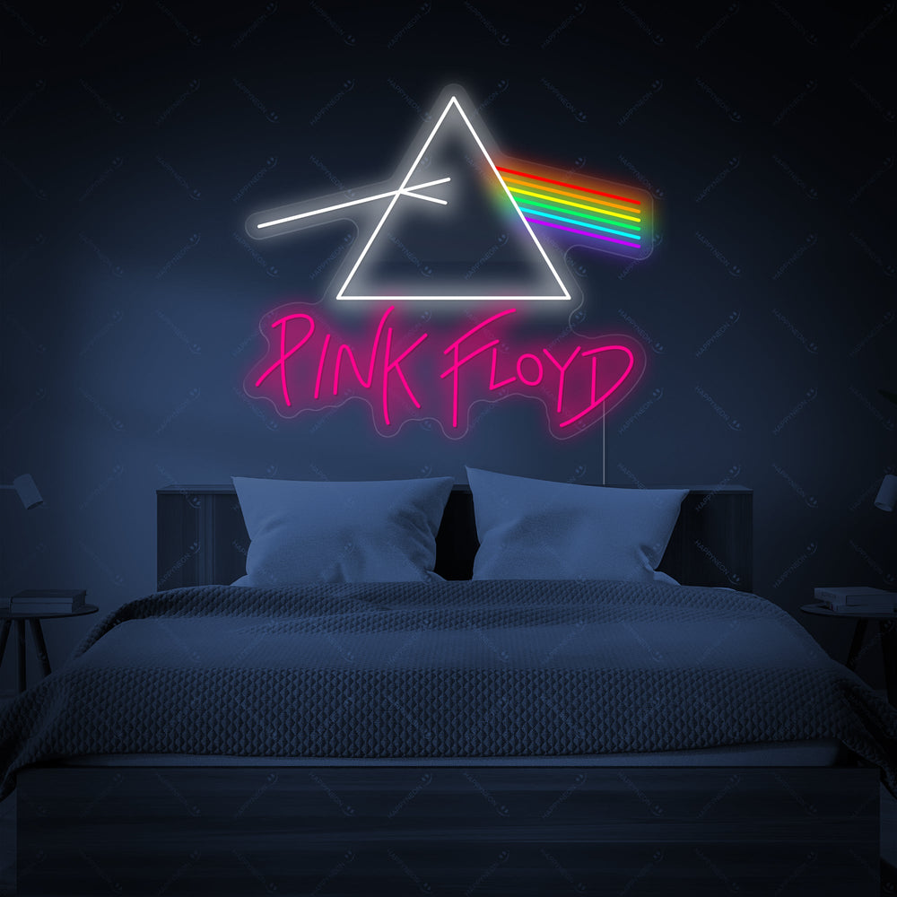 Close up of a classic Pink Floyd neon sign, rendered in pink light