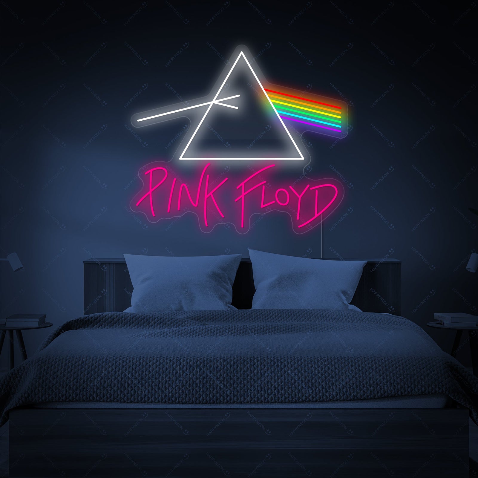 Close up of a classic Pink Floyd neon sign, rendered in pink light