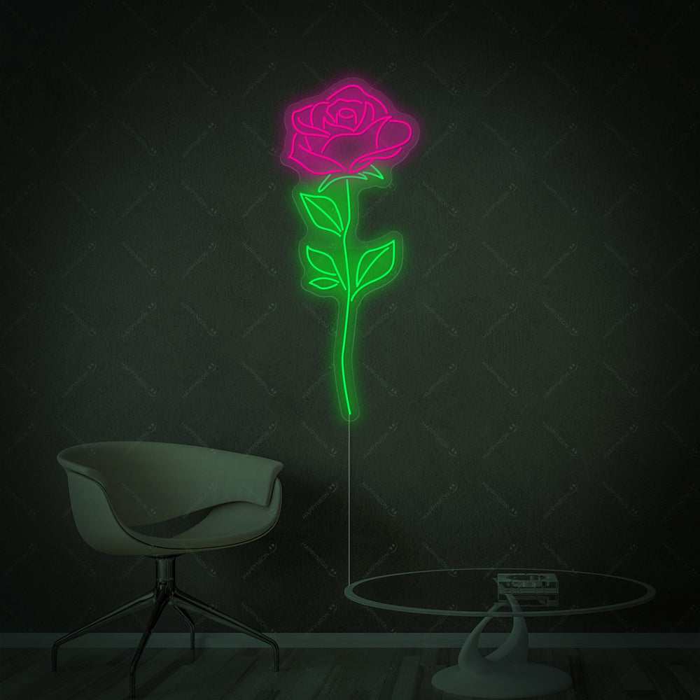 A digital rendering of the Pink Rose neon sign design against a light wall, highlighting the clean lines and detailed, glowing floral graphic.