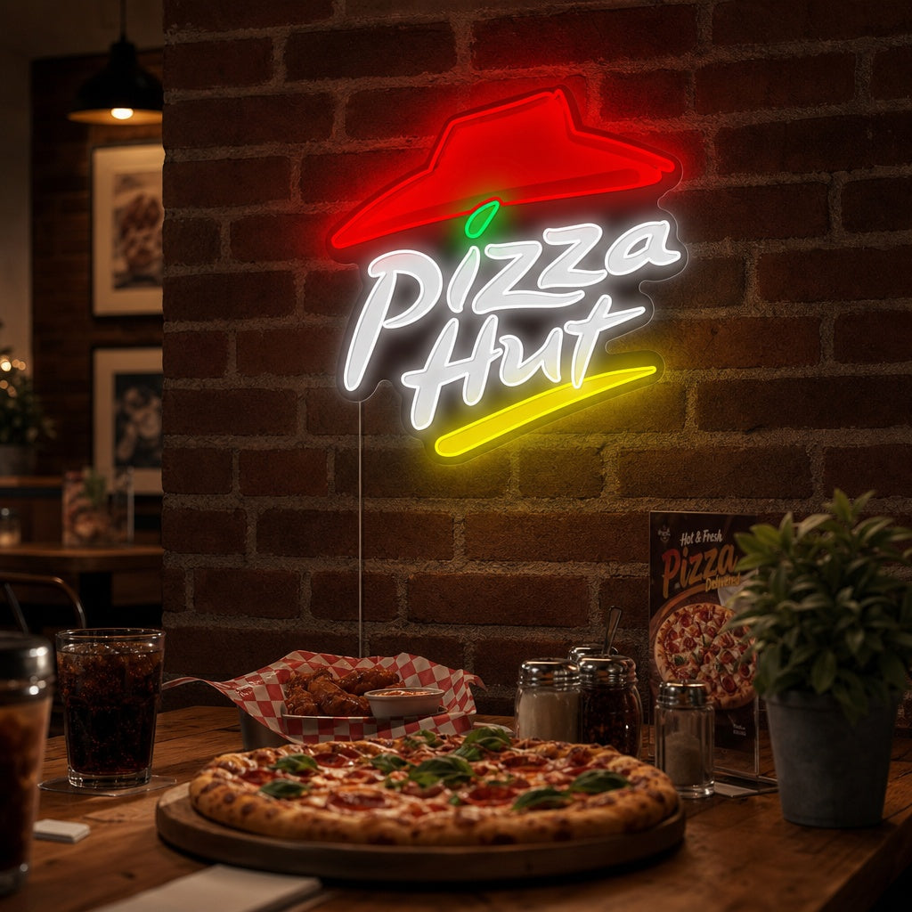 A person relaxing in a room at night with a glowing Pizza Hut logo neon sign mounted on the wall above the sofa.