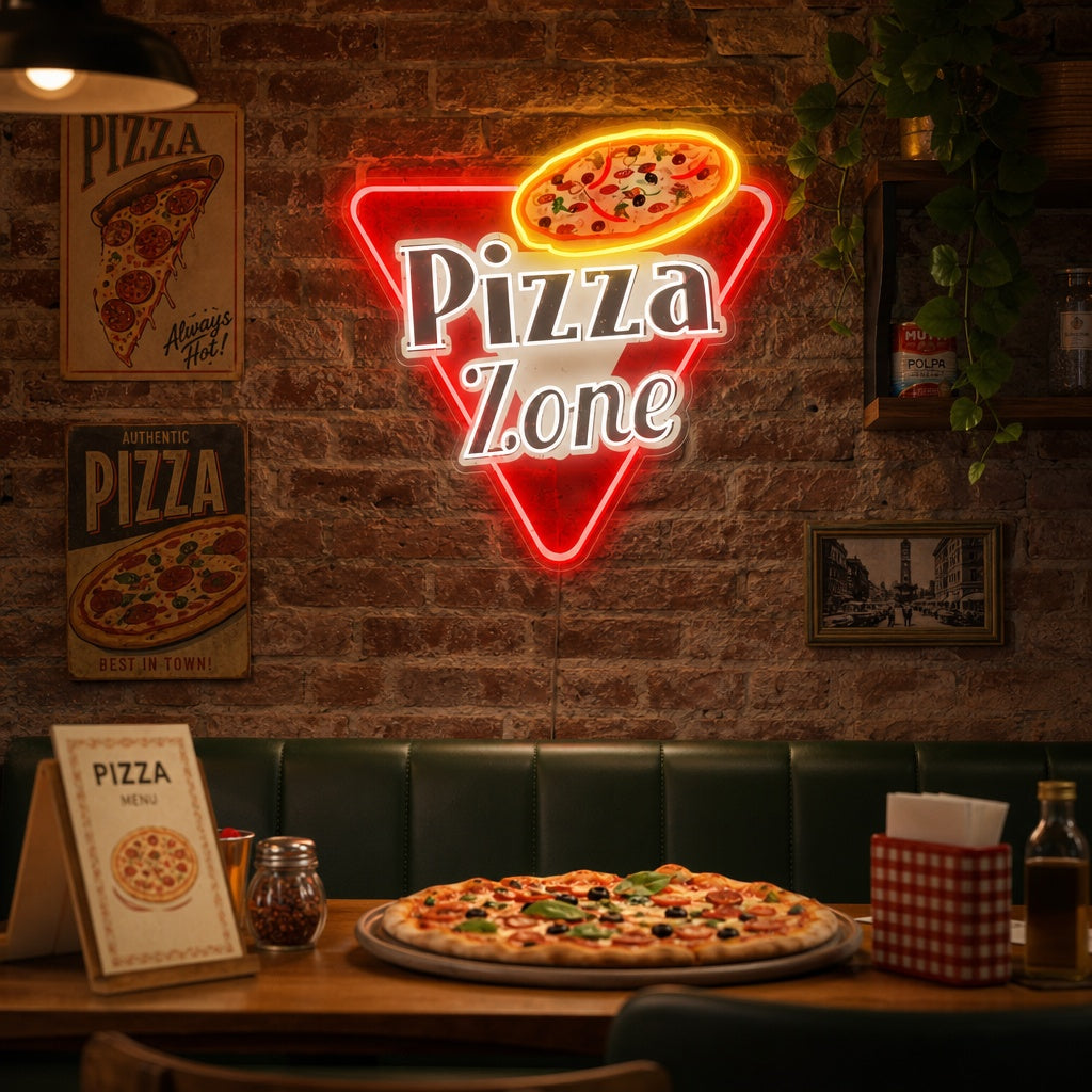 A vibrant 'Pizza Zone' neon sign glowing on a rustic brick wall, featuring warm orange and white lettering.
