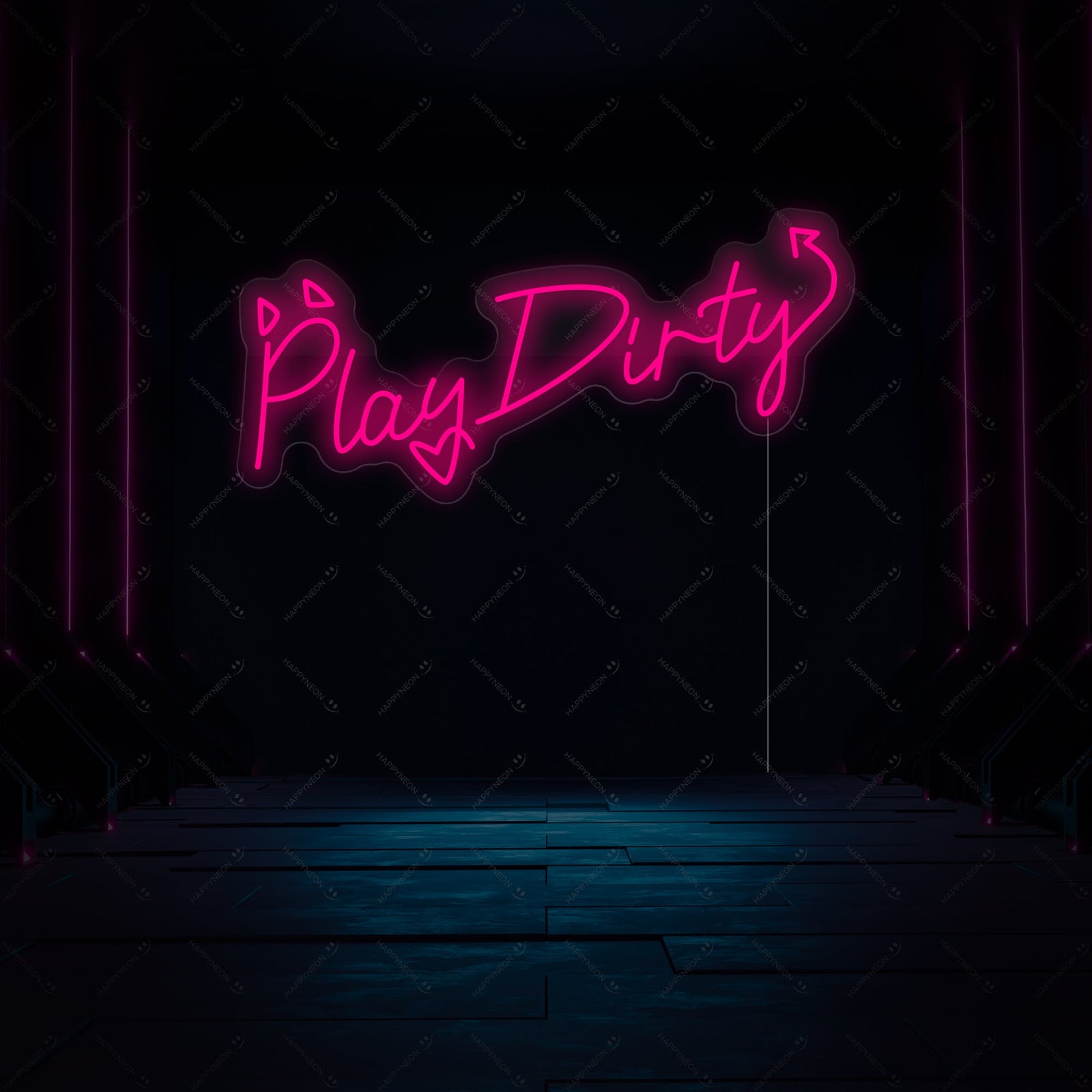 Medium shot of Play Dirty neon sign mounted on a textured, cyberpunk-themed concrete wall