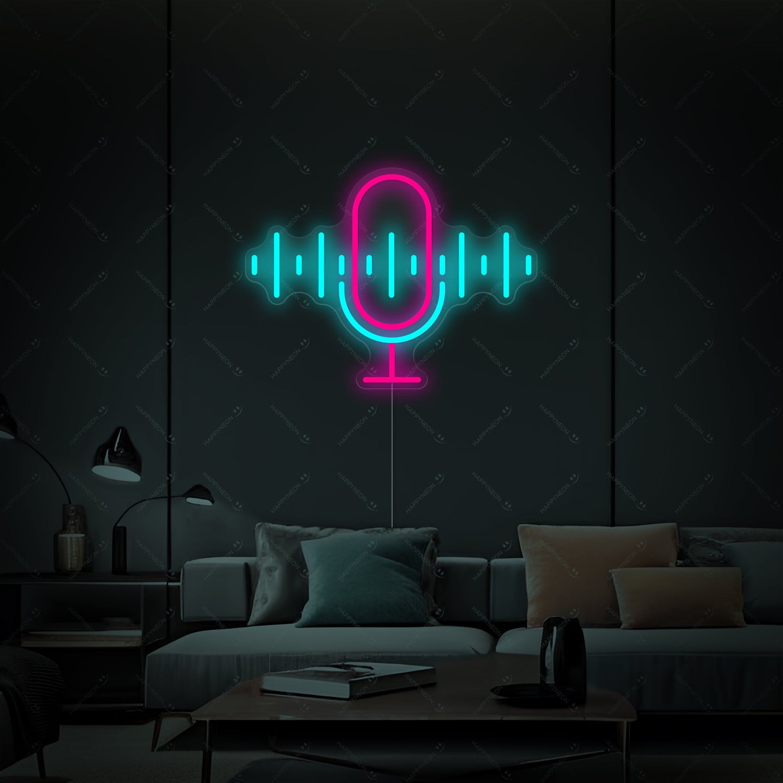 Vibrant custom neon sign featuring the word 'Podcast' in stylized text, mounted against a contemporary brick wall for impactful studio decor.