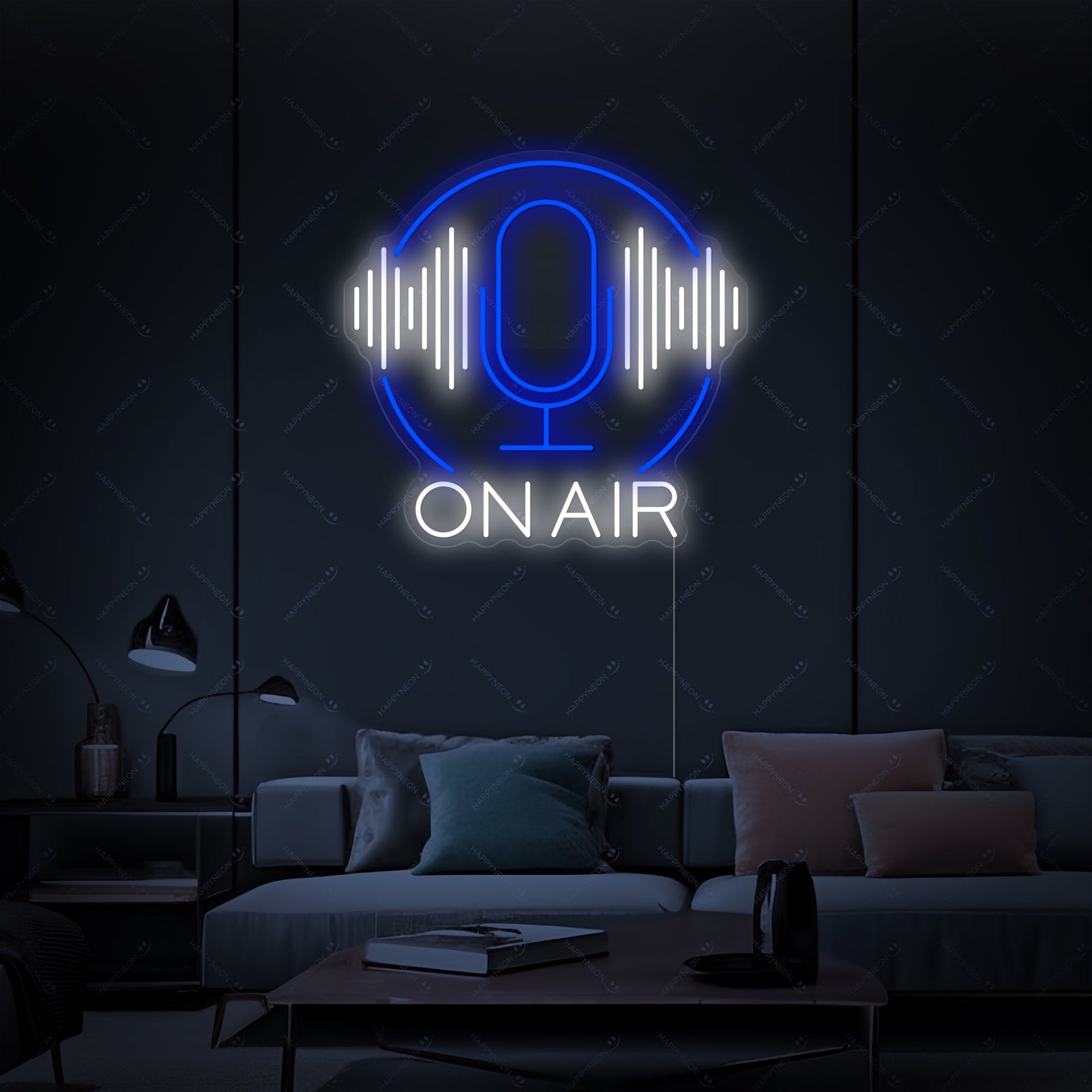 Polished 'Podcast On Air' neon sign on a clear acrylic backing, displayed on a clean interior wall, casting a warm red glow.