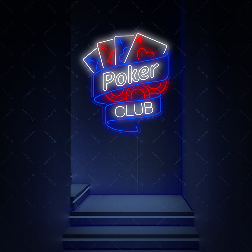 A glowing 'Poker Club' neon sign featuring a red spade emblem, set on a clear acrylic backing.