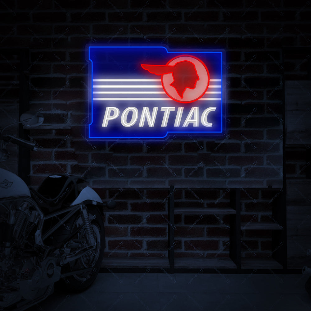 A digital mockup showing the precise design of the Ponti-Car neon sign against a stylized background, highlighting the typography and logo detail.