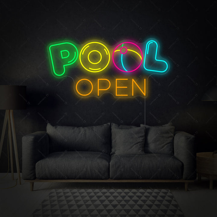 Digital rendering of a Pool Open Neon Sign with clear backing and white neon tubing