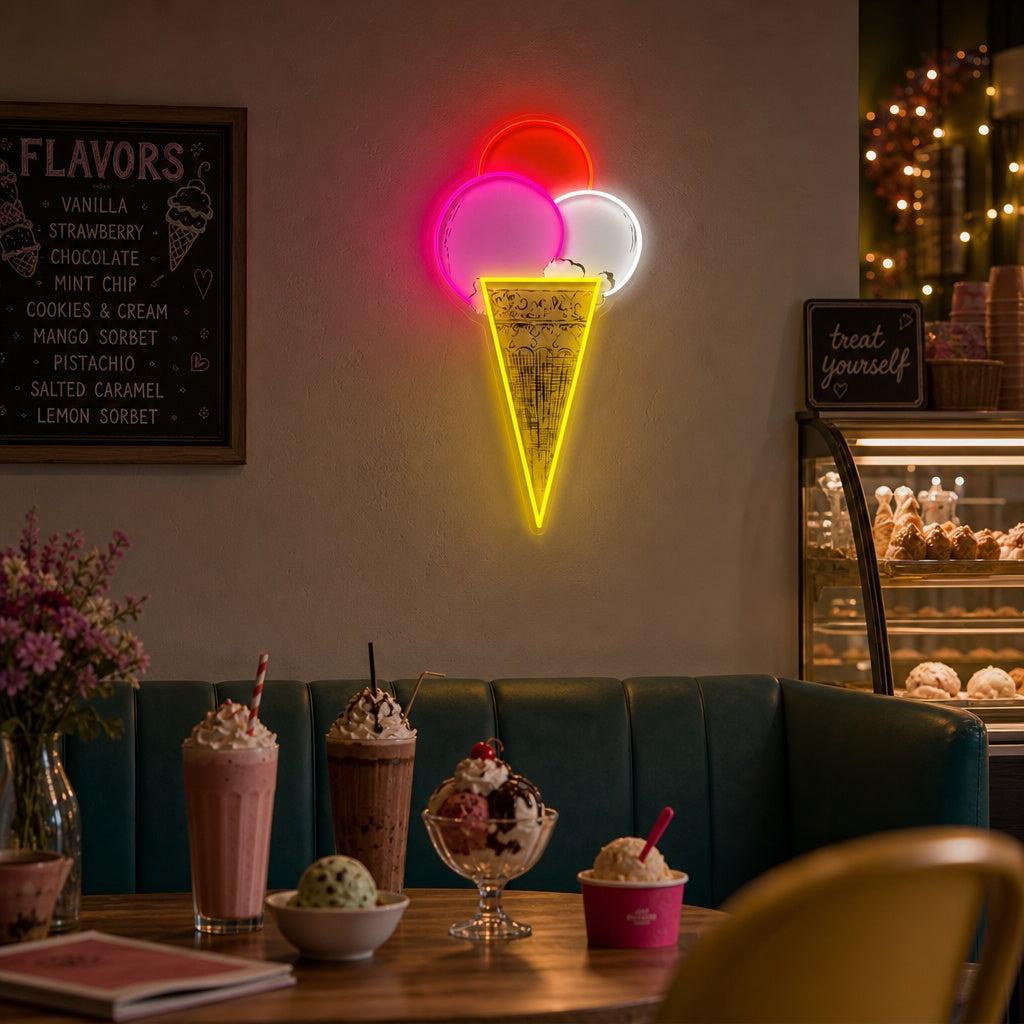 A glowing Pop Art Triple Scoop Cone neon sign illuminates a modern kitchen counter with a vibrant pink, white, and blue glow.