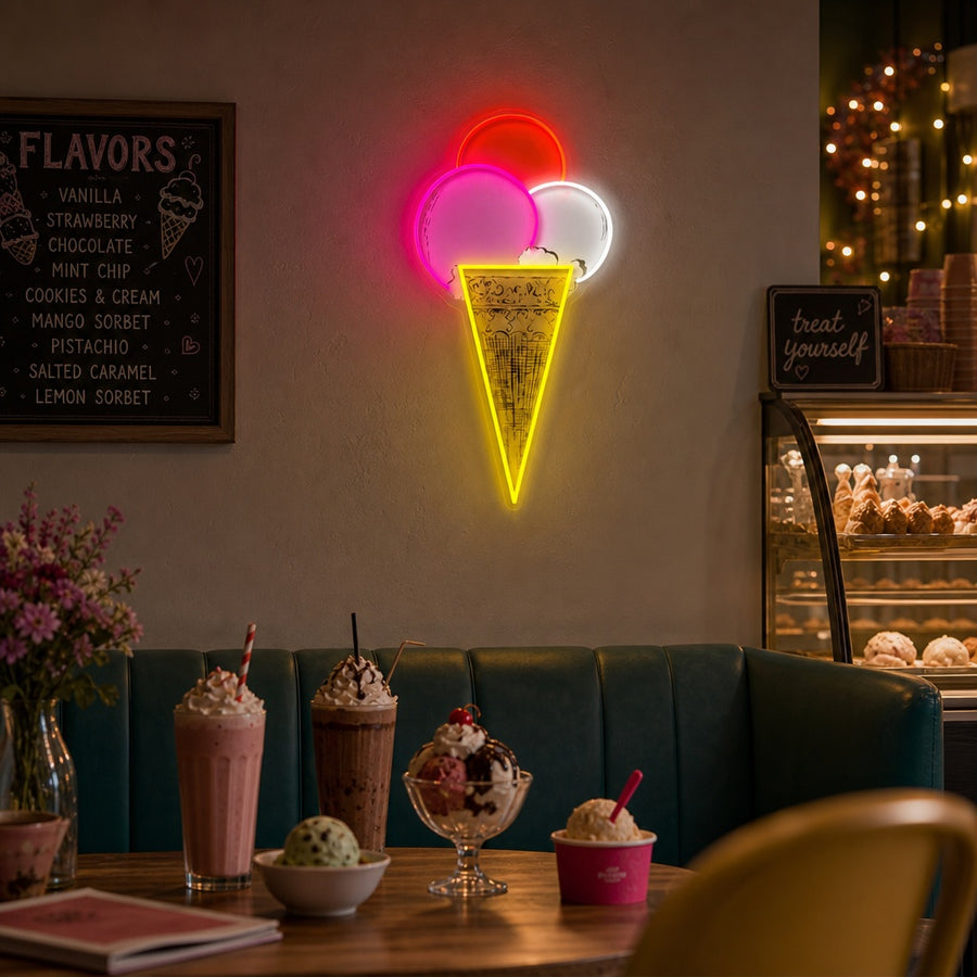 A glowing Pop Art Triple Scoop Cone neon sign illuminates a modern kitchen counter with a vibrant pink, white, and blue glow.