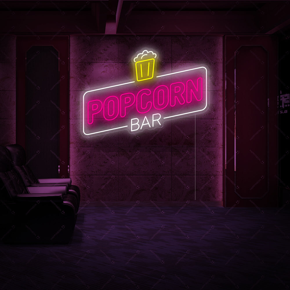 A glowing yellow 'Popcorn Bar' neon sign with red script and blue star accents.