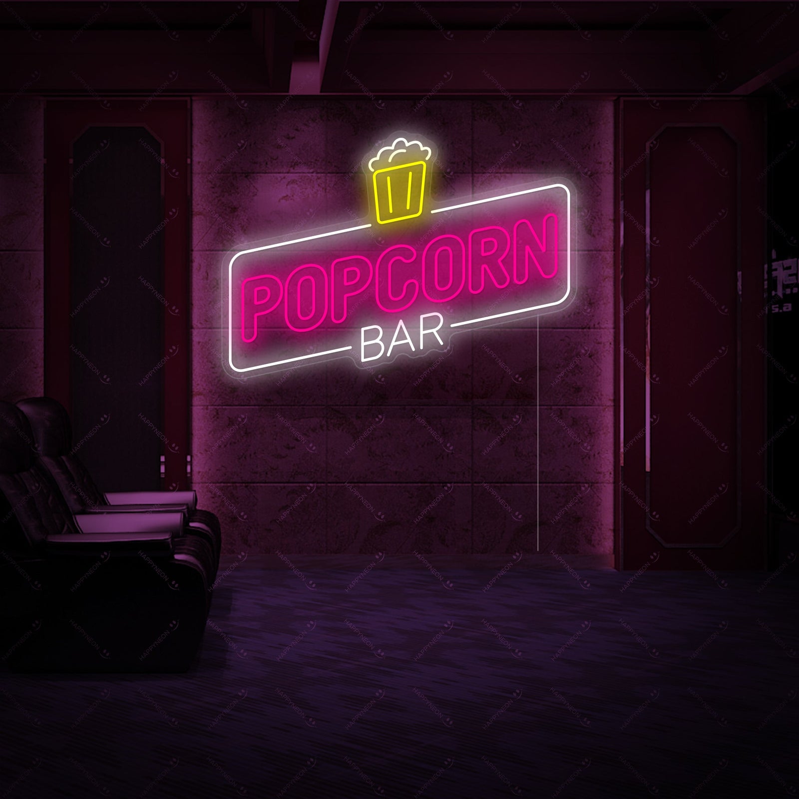 A glowing yellow 'Popcorn Bar' neon sign with red script and blue star accents.