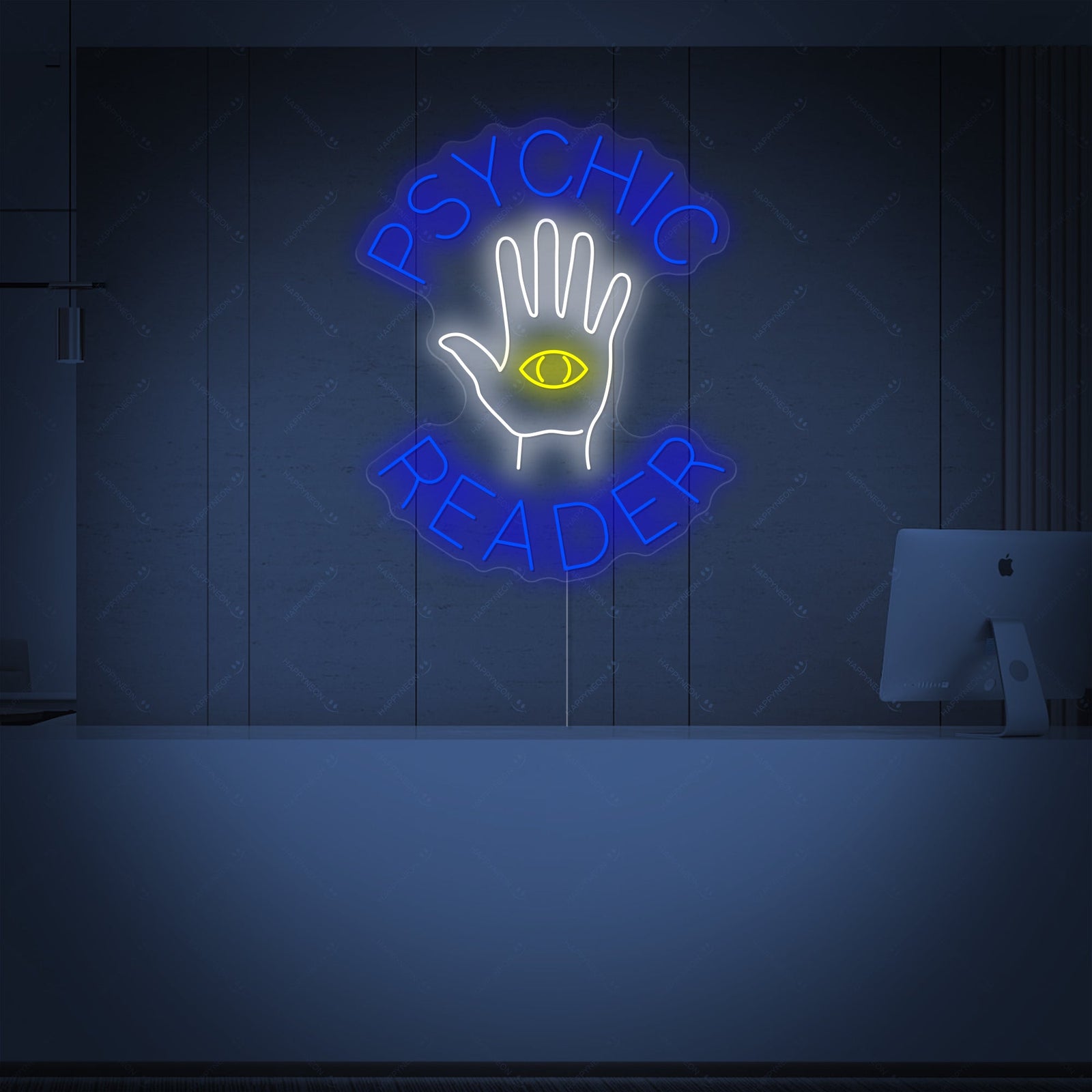 A clean graphic representation of the 'Psychic Reader' neon sign design against a dark background, showing the script, star accents, and the clear mounting board shape.