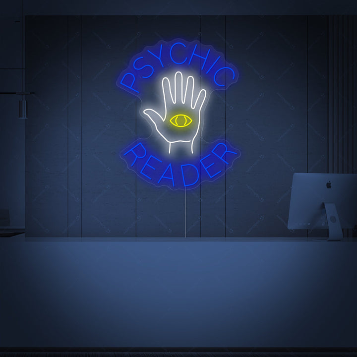 A clean graphic representation of the 'Psychic Reader' neon sign design against a dark background, showing the script, star accents, and the clear mounting board shape.