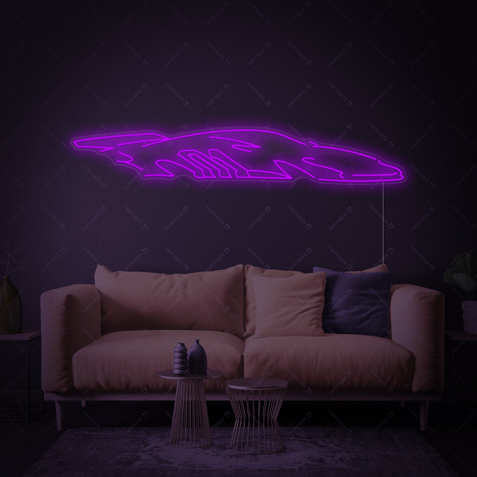 A digital design visualization showing a sleek, glowing race car neon sign on a clear acrylic background.