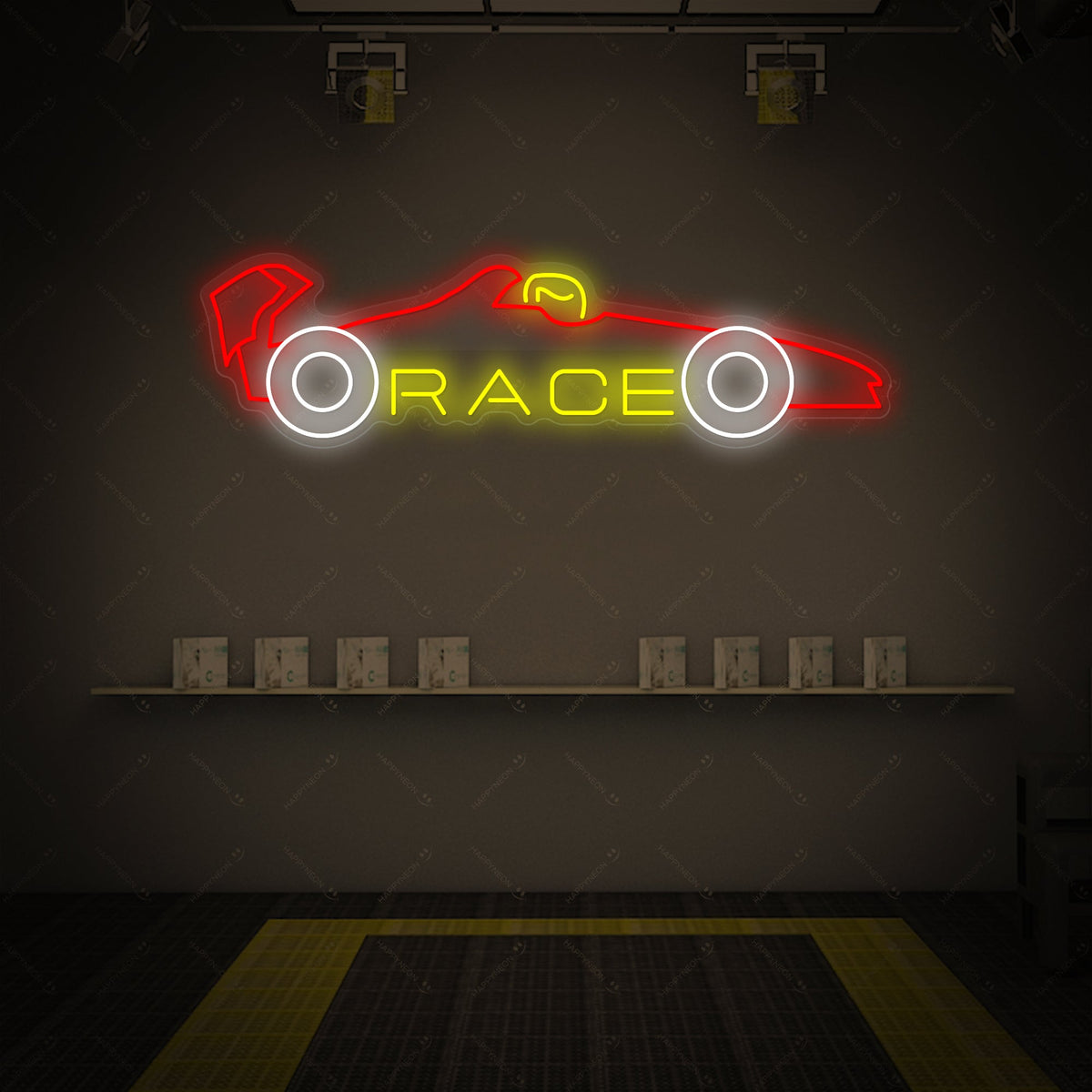 A glowing orange neon sign depicting a racing car silhouette, mounted on a clear backer over a modern sofa in a living room environment.