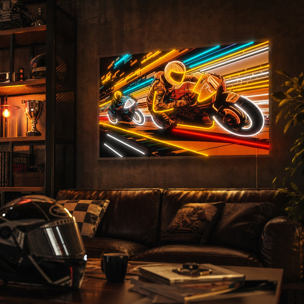 A graphic style neon sign depicting a motorcycle racer leaning into a turn with glowing orange and blue lines, mounted on a grey garage wall.