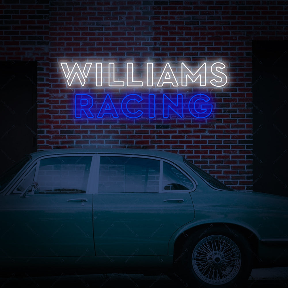 Detailed product shot showing the vibrant blue and red tubing of the Racing Team Logo neon sign glowing brightly on a dark, textured background.
