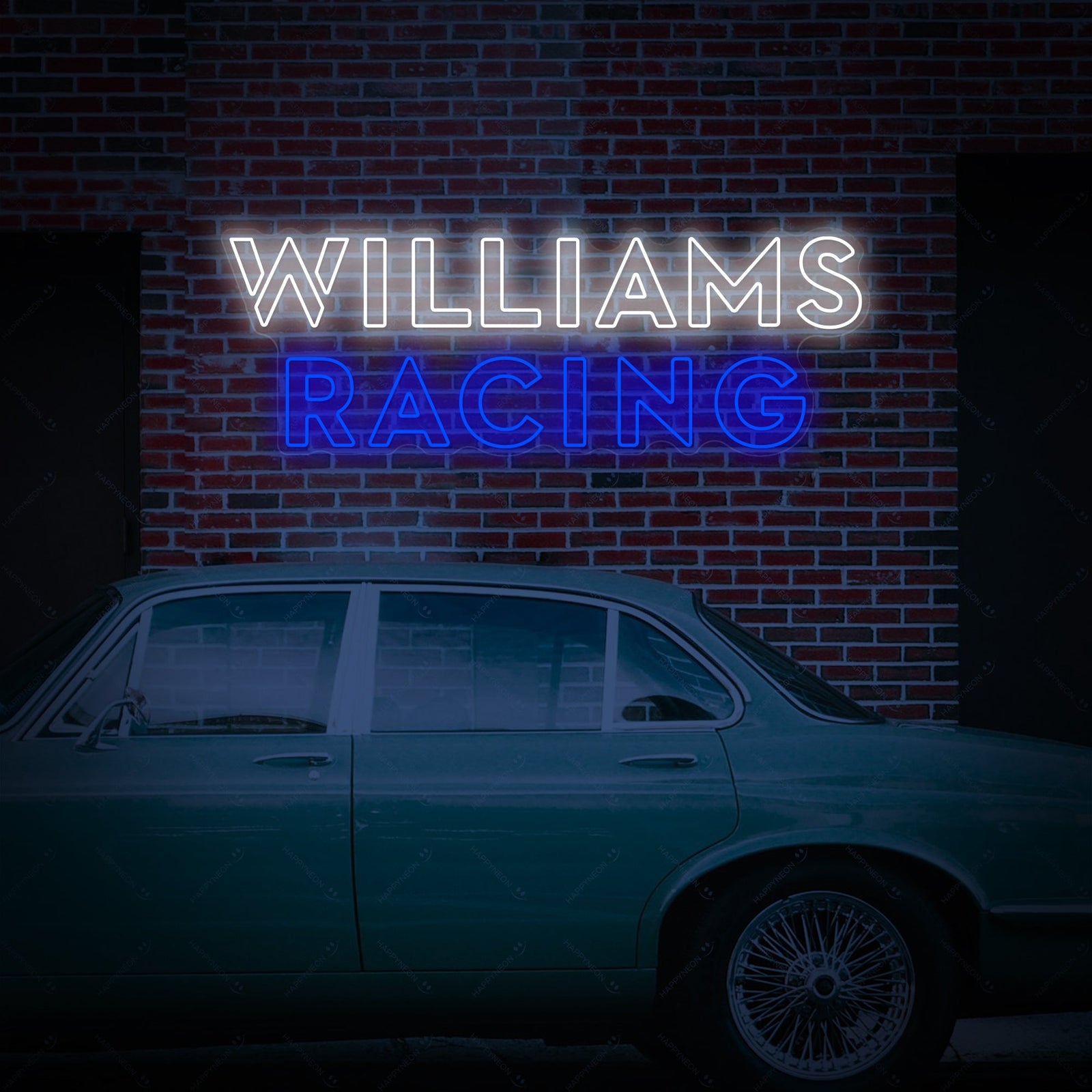 Detailed product shot showing the vibrant blue and red tubing of the Racing Team Logo neon sign glowing brightly on a dark, textured background.