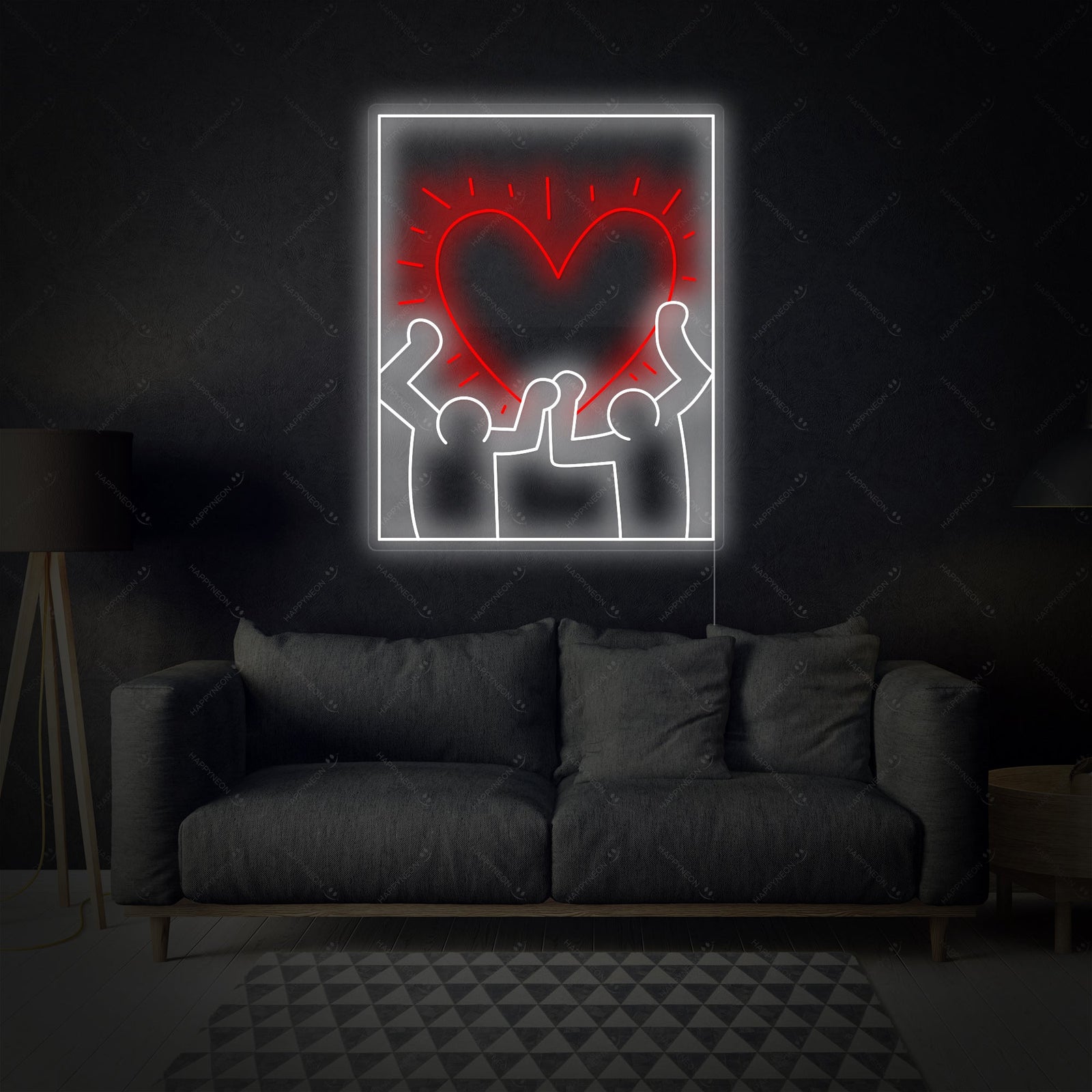 A digital rendering of the 'Radiant Heart' neon sign featuring a glowing heart shape against a textured, light-colored background in a contemporary space.