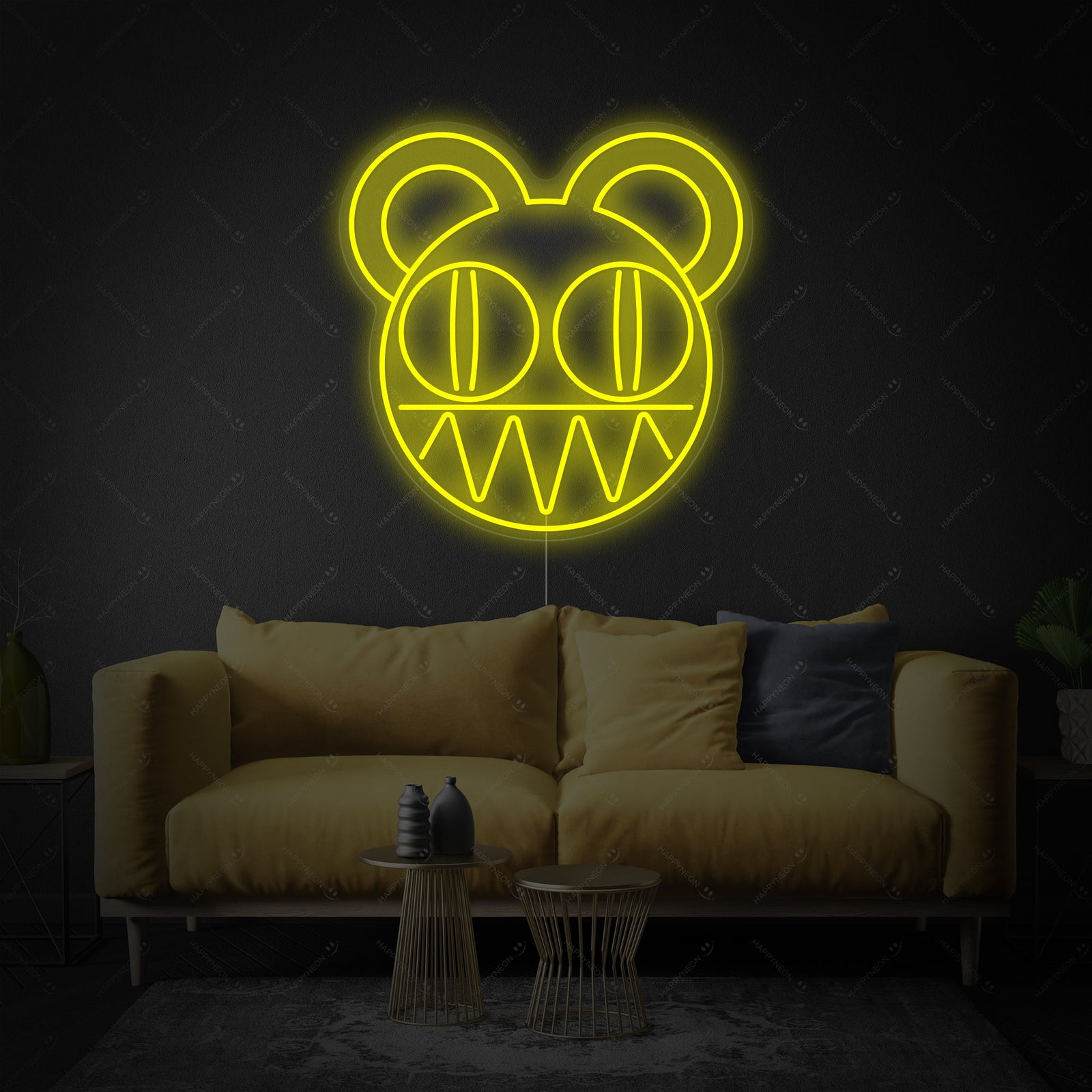 Graphic representation of the Radiohead neon sign design against a dark backdrop.