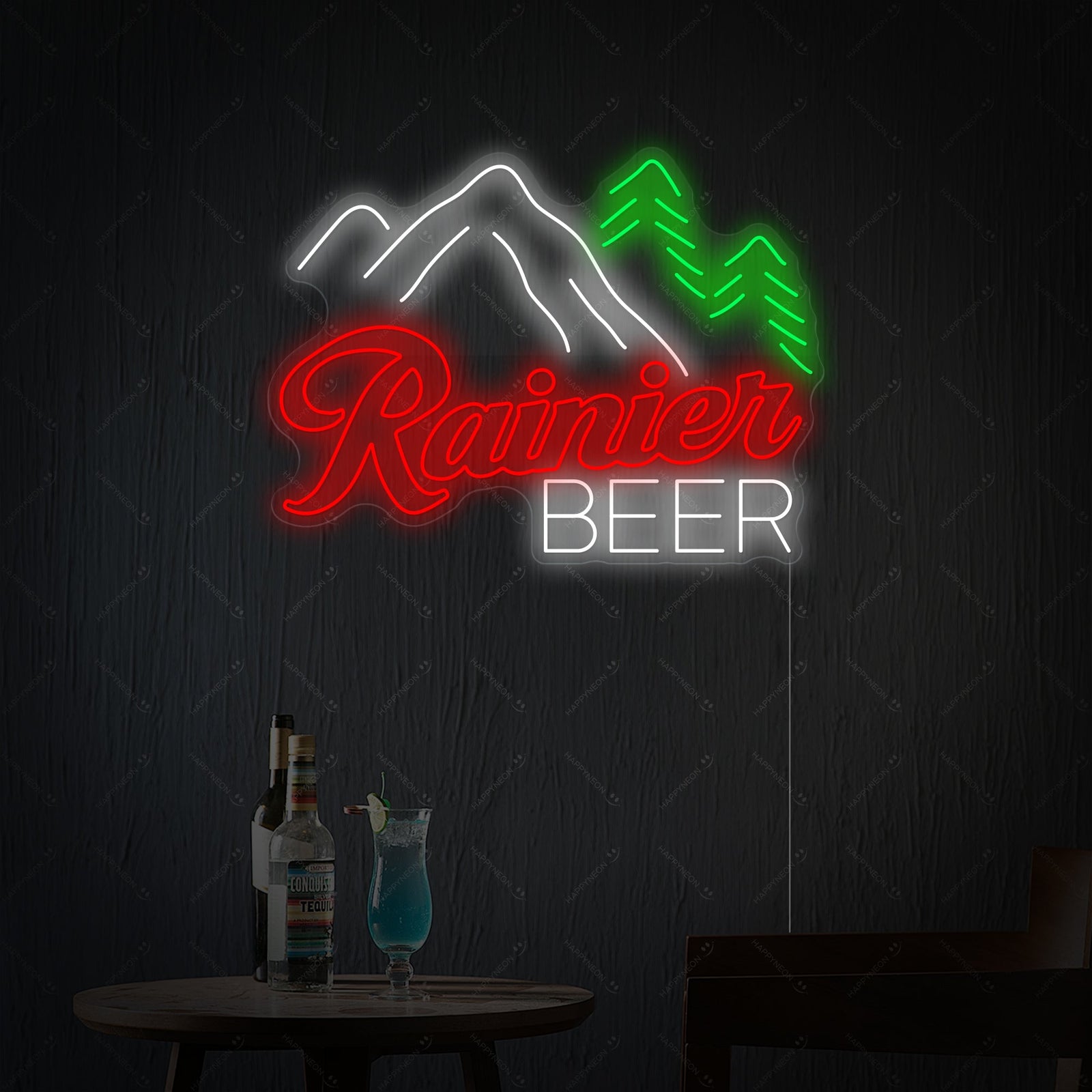 Closeup of the 'Rainier Beer' text in bright white neon letters and the iconic red 'R' logo glowing vibrant.