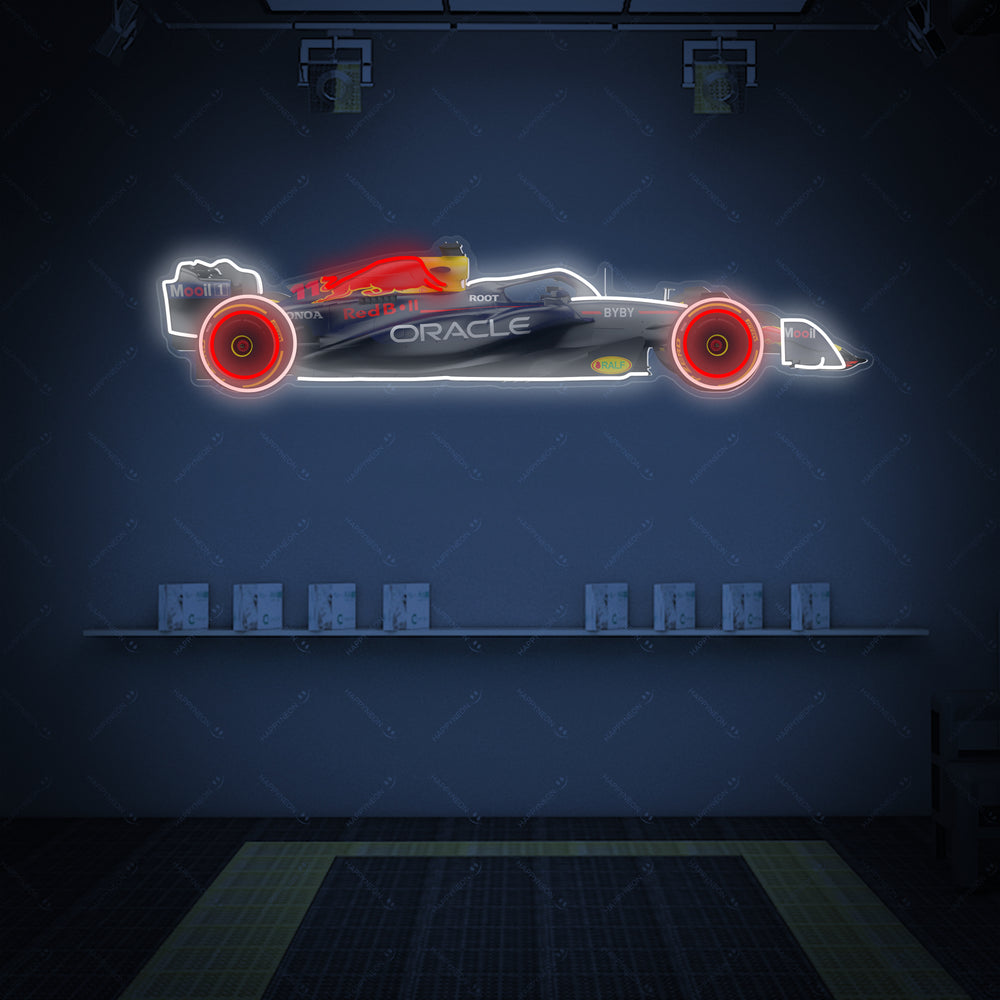 Detailed Rb F1 car neon-style sign featuring glowing outlines, vibrant team colors, and printed sponsor logos, displayed on a stylized wooden shelf.