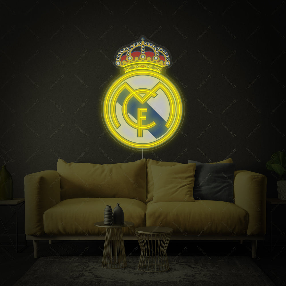 A detailed flat design graphic of the Real Madrid logo with stylized white neon tubing borders and blue accents on a dark background.