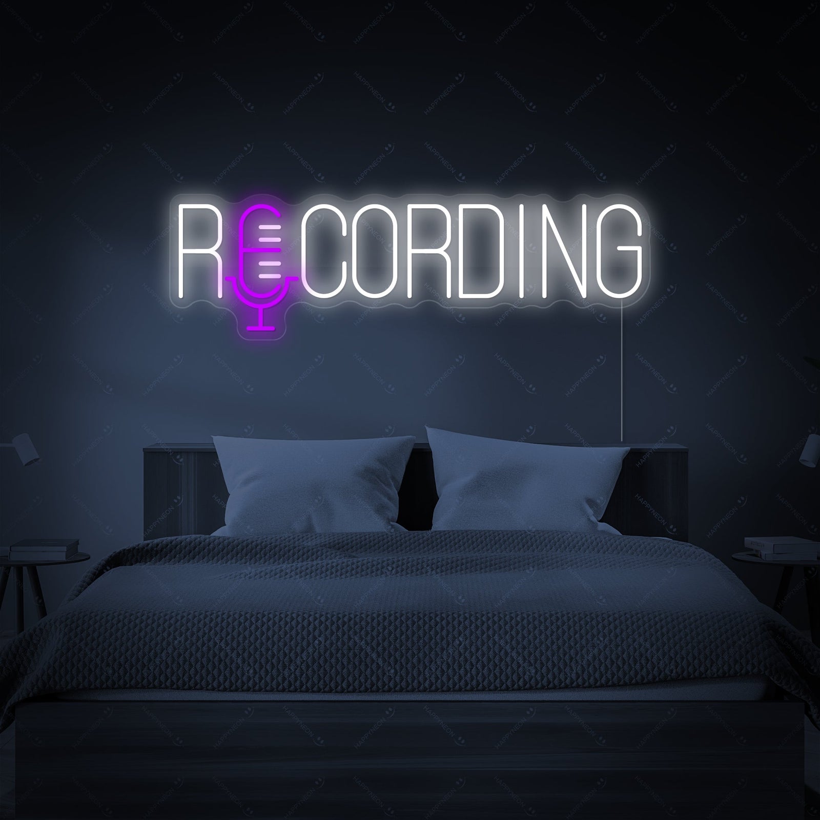 A red 'Recording' neon sign glows prominently in a bedroom above a bed, next to a window with a string of fairy lights and a plant.
