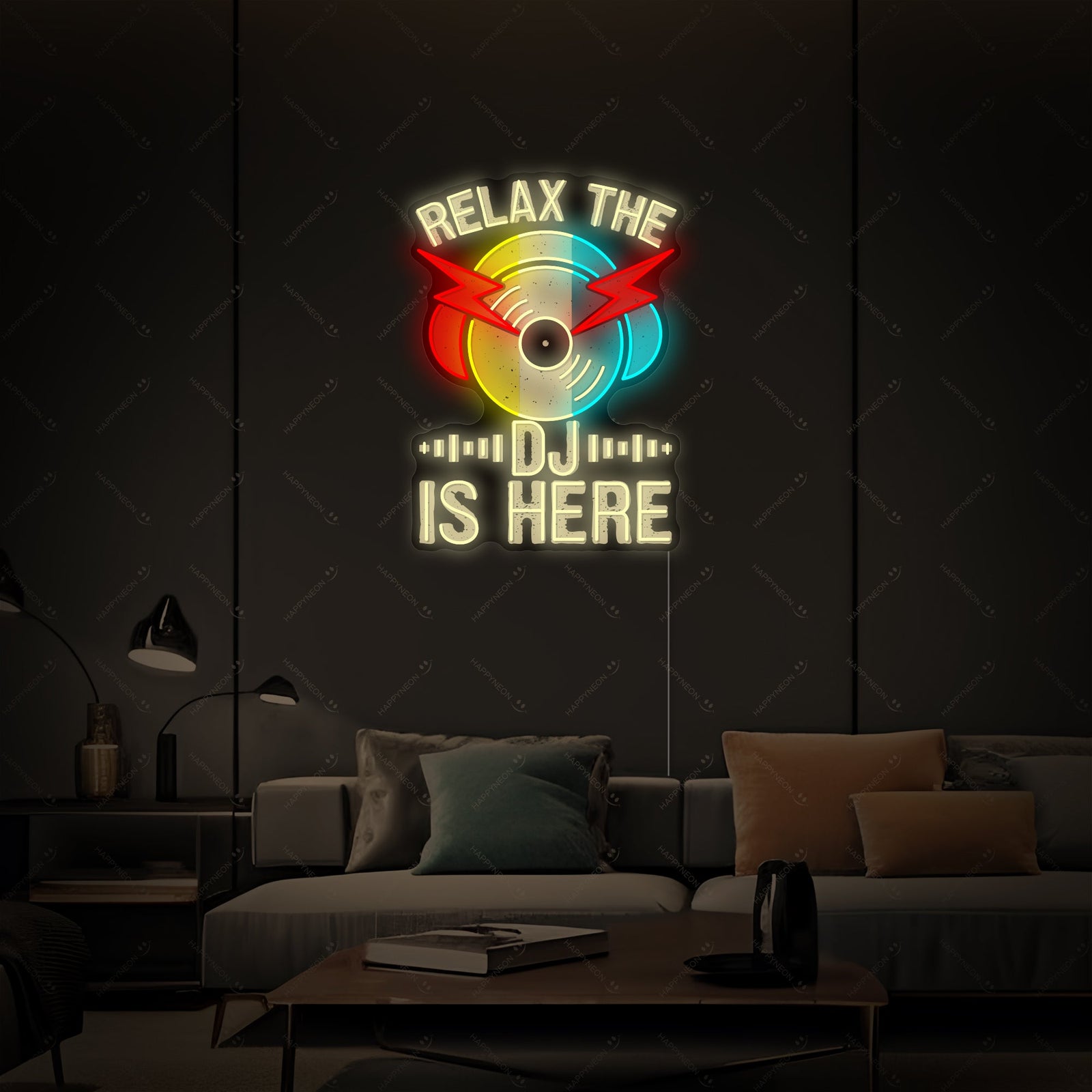 A stylish 'Relax The Dj Is Here' neon wall sign mounted on a clean backdrop in a contemporary studio environment.
