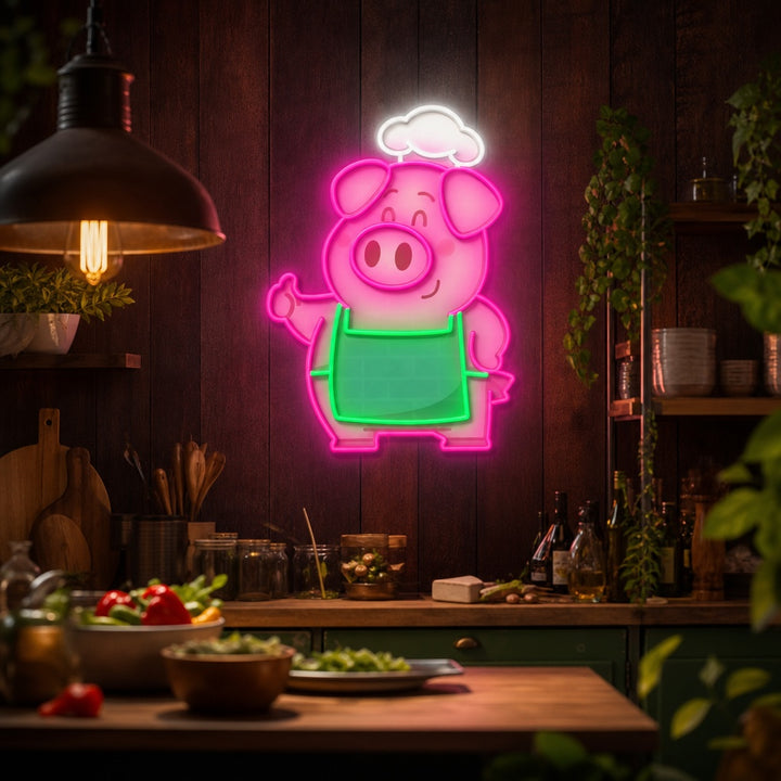 A vibrant illustrative render of the 'Restaurant Chef Pig' neon sign concept, showing the glowing pig chef figure with a generic aura effect.