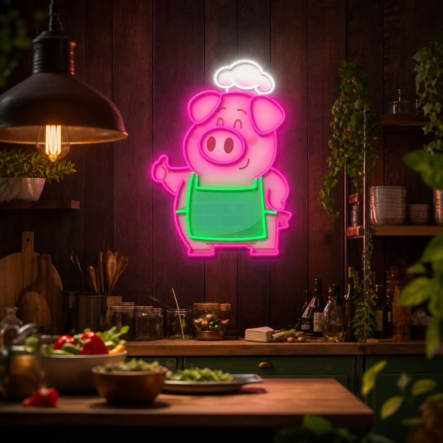 A vibrant illustrative render of the 'Restaurant Chef Pig' neon sign concept, showing the glowing pig chef figure with a generic aura effect.