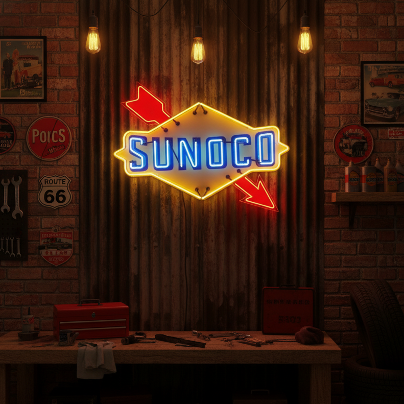 A stylish 'Retro Gas Station Arrow' neon sign glows on a textured wall in a modern living room setting.