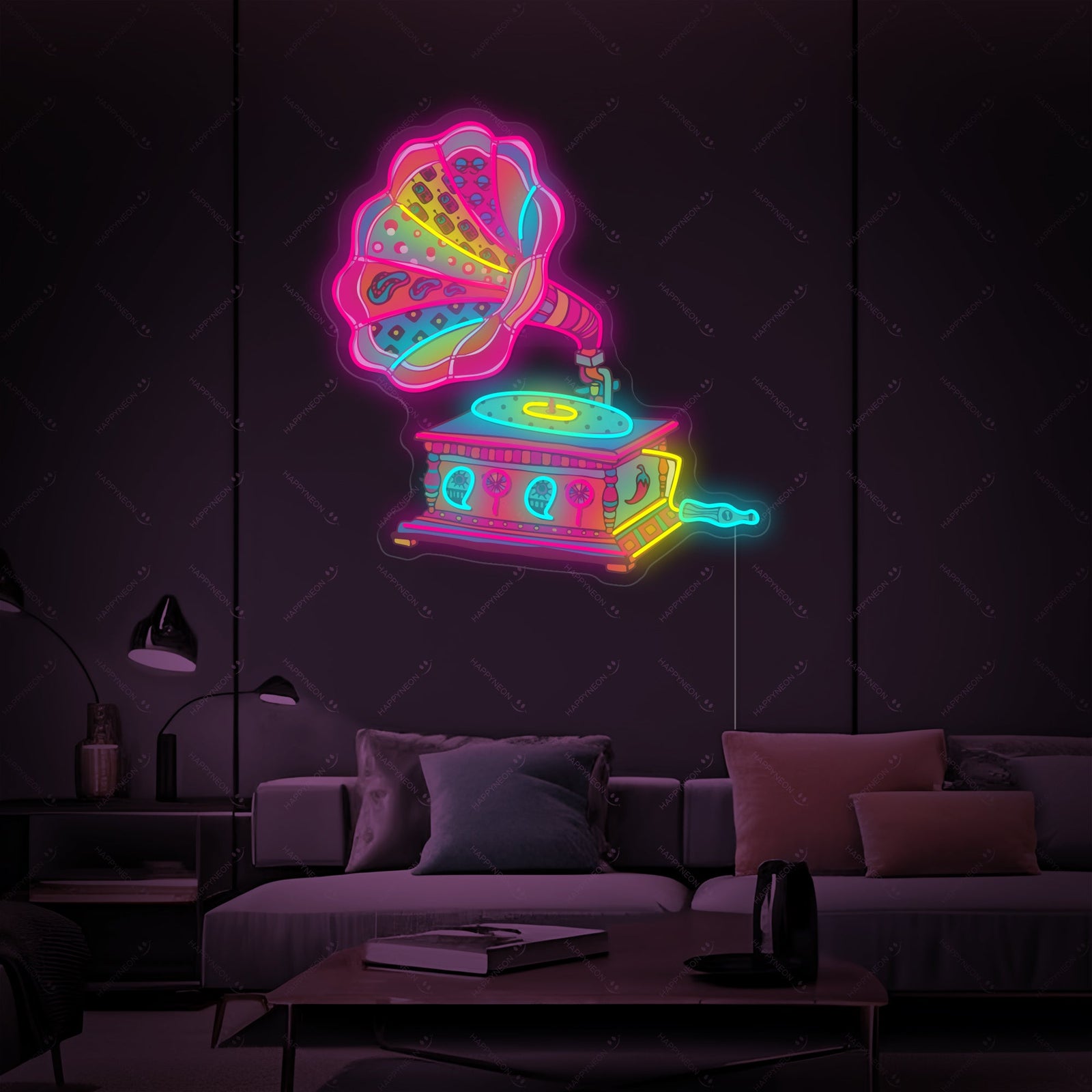 Product detail view of the 'Retro Gramophone' neon sign showing the intricate colorful tubing and clear acrylic mounting.