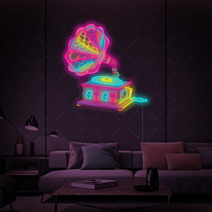 Product detail view of the 'Retro Gramophone' neon sign showing the intricate colorful tubing and clear acrylic mounting.