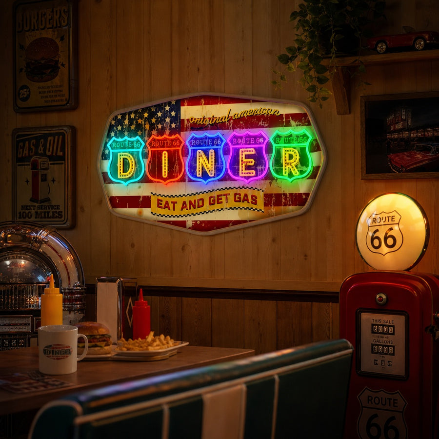 A vibrant 'Retro Route Diner' neon sign illuminated above a vintage-style diner booth setting.