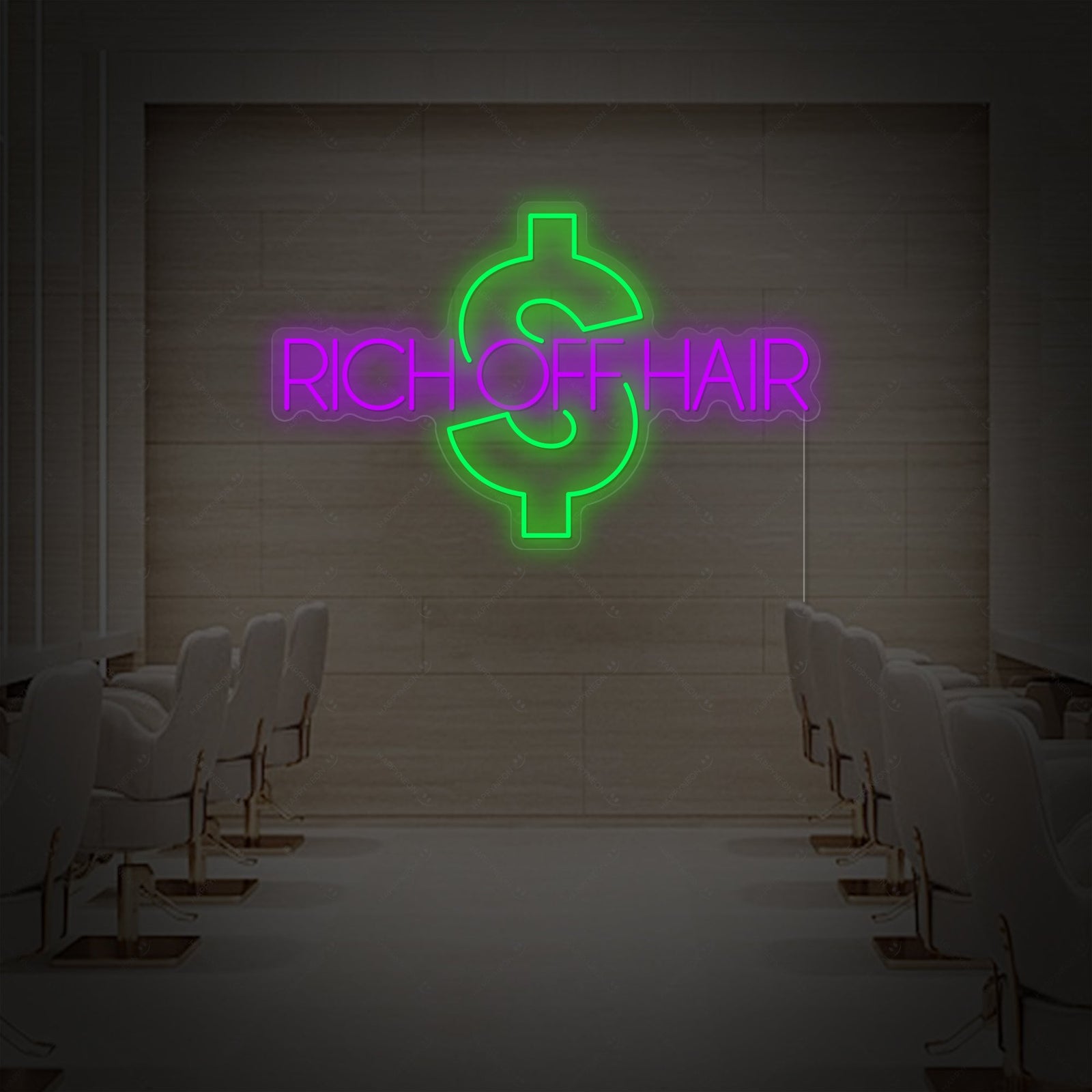 A direct front view of the "Rich Off Hair" neon sign showing its precise script font and physical backing.